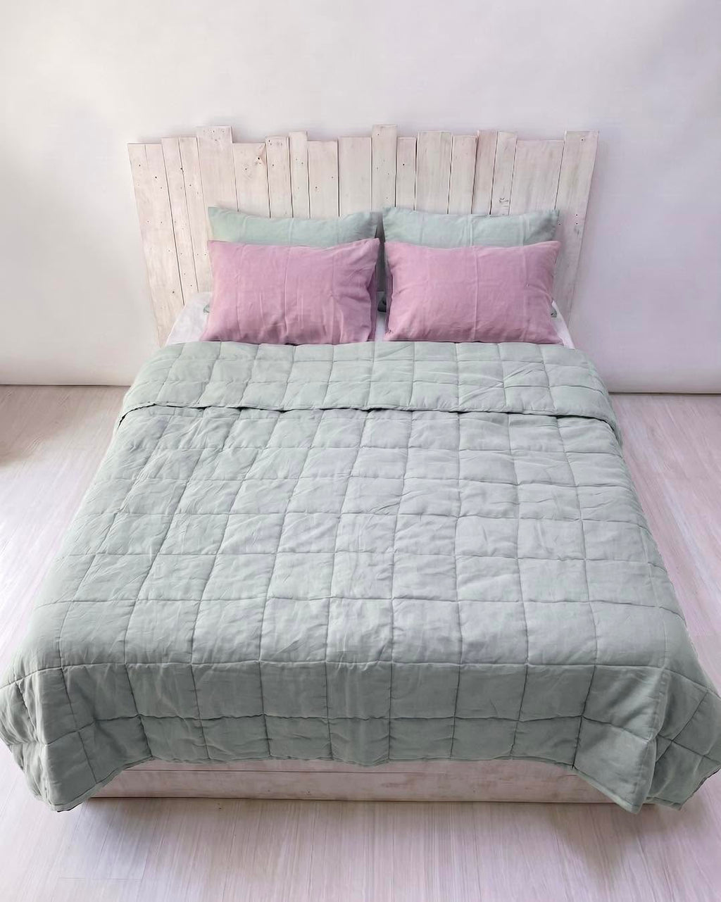 Hand-Quilted French Linen Blanket – Eucalyptus Sage