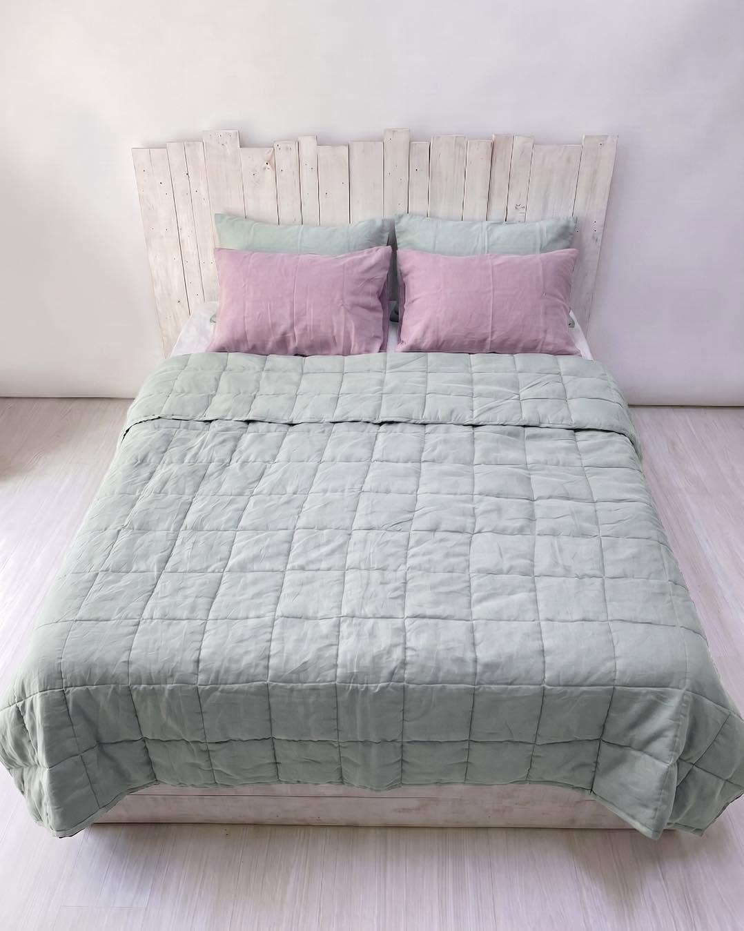 Hand-Quilted French Linen Blanket – Eucalyptus Sage