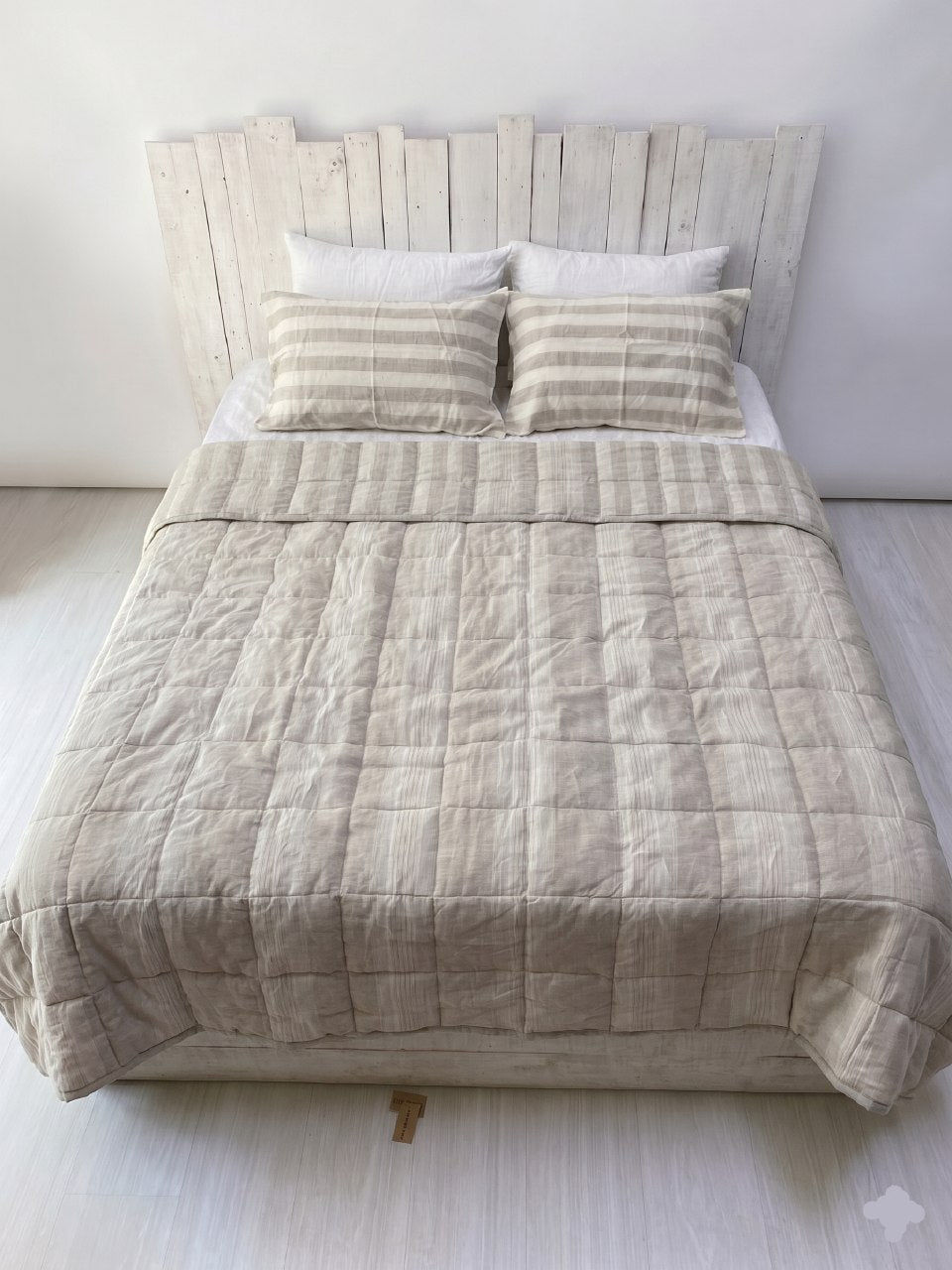 Hand-Quilted French Linen Blanket – Natural Oat Stripe