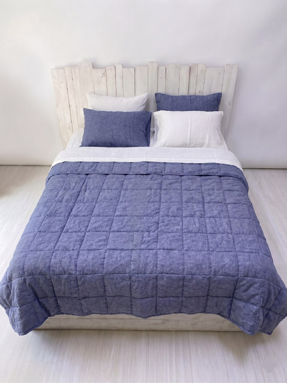 Hand-Quilted French Linen Blanket – Denim Blue
