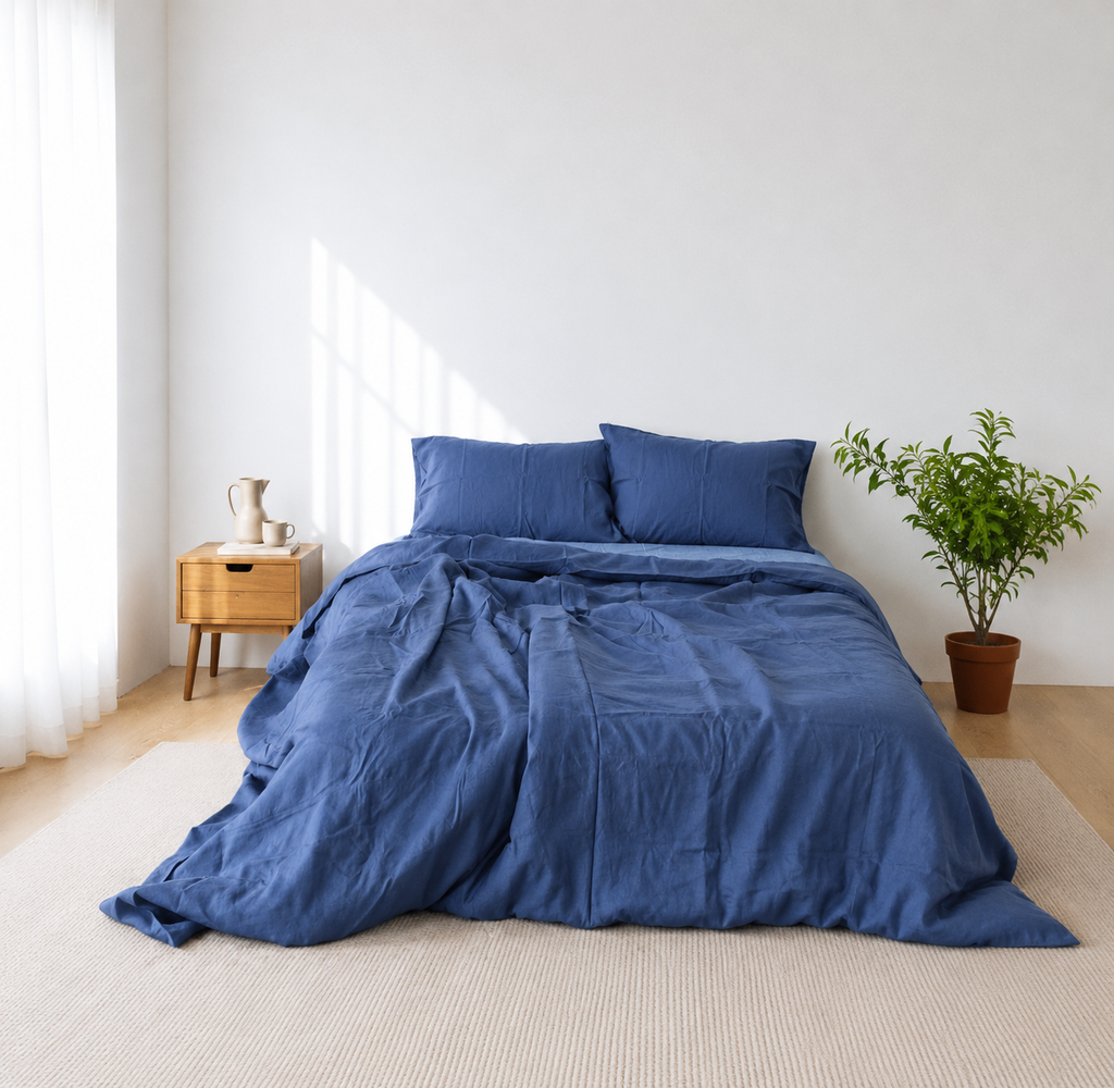 Navy Bamboo Linen Bedding Sets 4 pieces