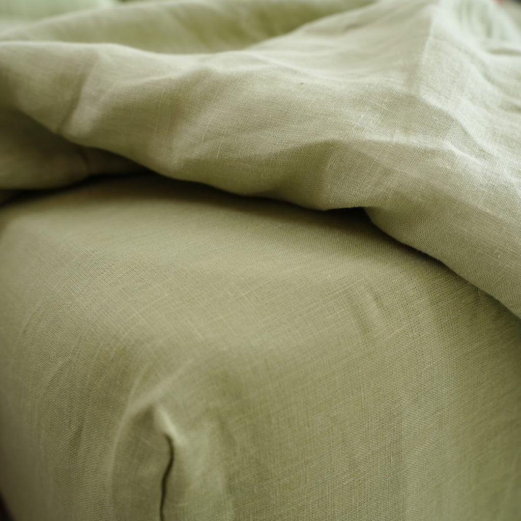 Avocado Green French Linen Fitted Sheet | Premium Linen Bedding