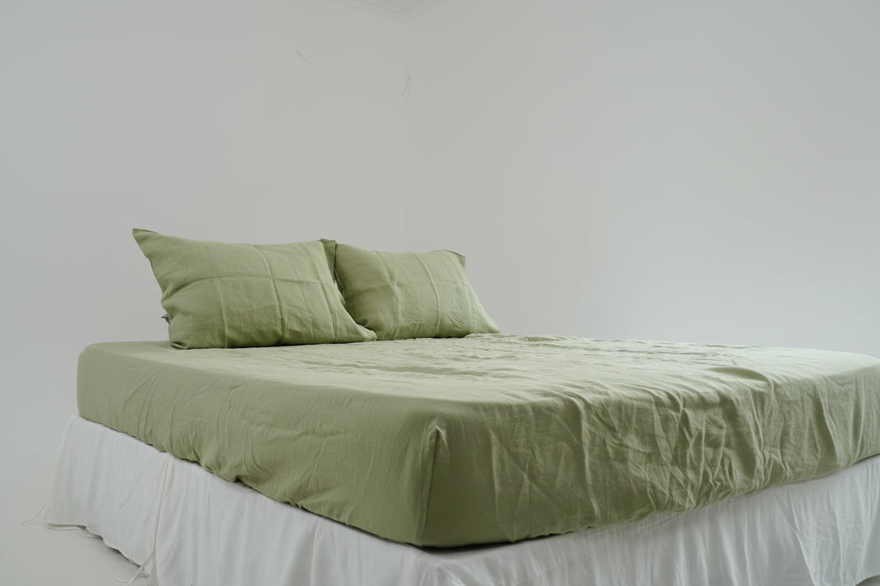 Avocado Green French Linen Fitted Sheet | OEKO-TEX Certified | Premium Linen Bedding