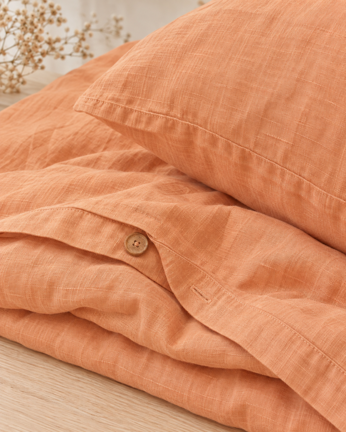 Cantaloupe Orange Bamboo Linen Duvet Cover Set – 4-Piece Bed Linen | 45% Linen 55% Bamboo Rayon | 165 GSM