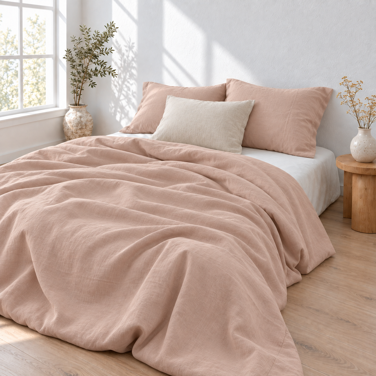 Coral Bamboo Linen Duvet Cover Set – 4-Piece | 45% Linen 55% Bamboo Rayon | 165 GSM
