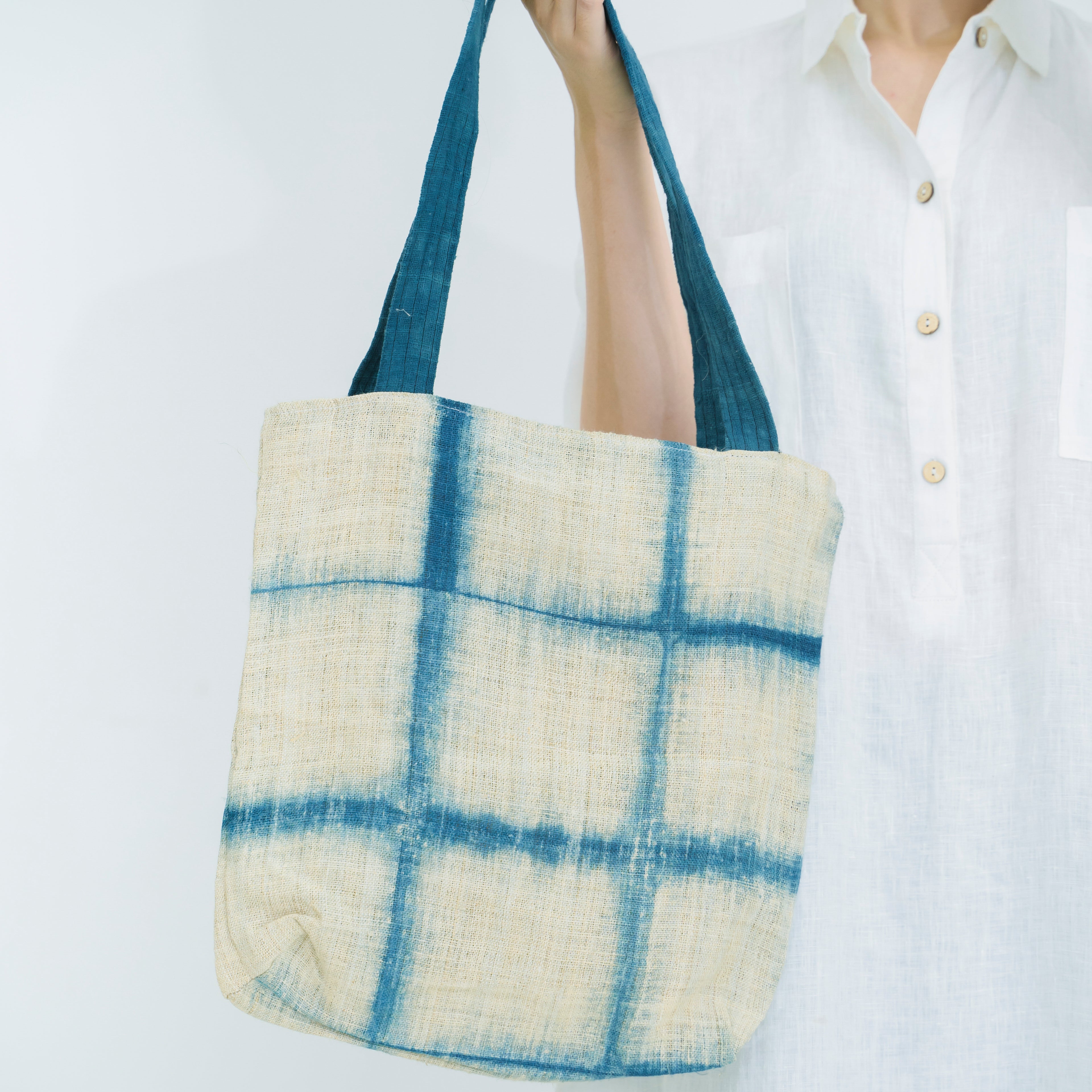 Handcrafted Indigo Grid Tote Bag - Hmong Shibori Pattern Hand-Dyed Brocade Shoulder Bag