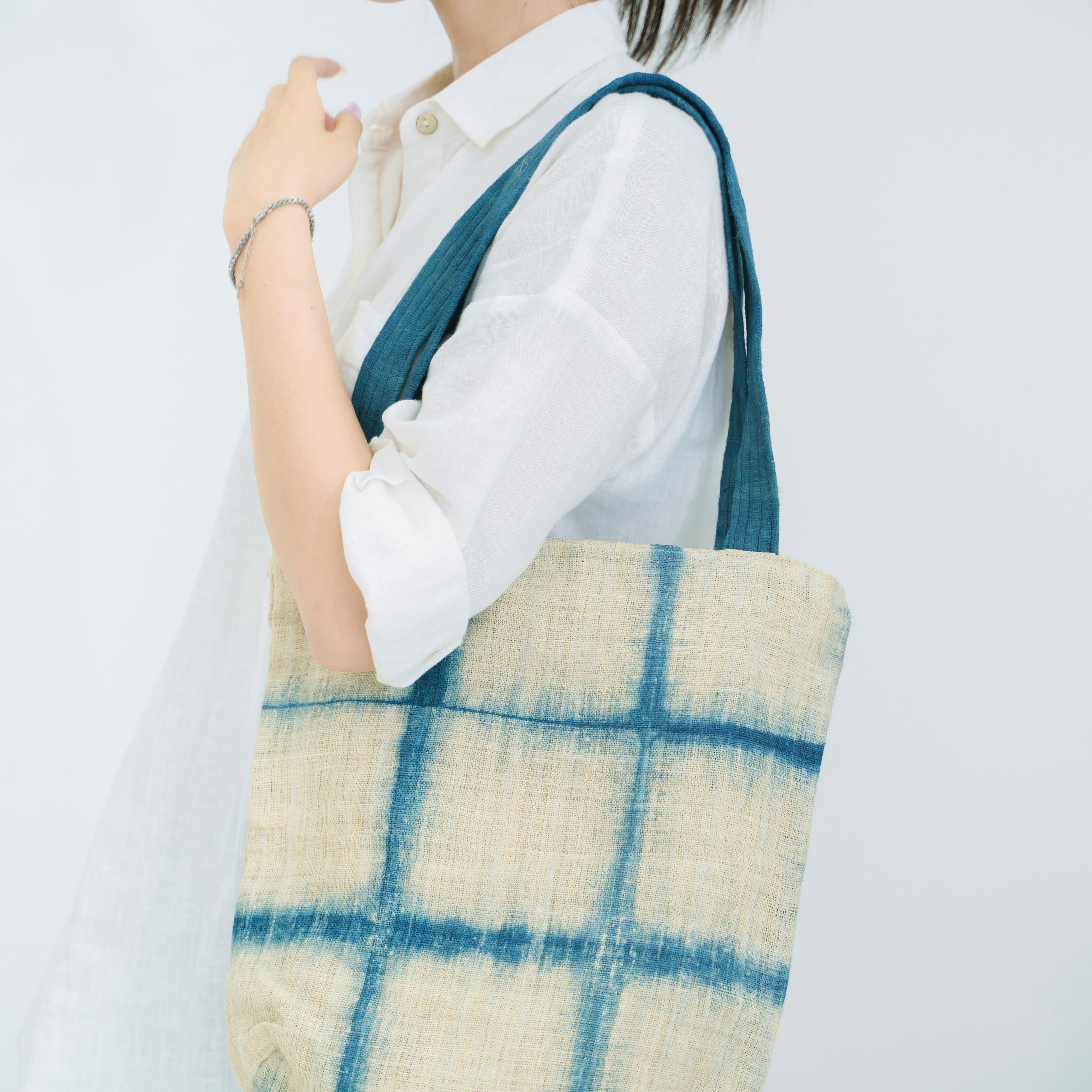 Handcrafted Indigo Grid Tote Bag - Hmong Shibori Pattern Hand-Dyed Brocade Shoulder Bag