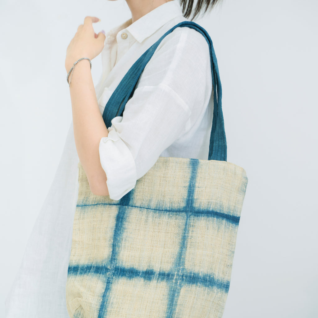 Handcrafted Indigo Grid Tote Bag - Hmong Shibori Pattern Hand-Dyed Brocade Shoulder Bag