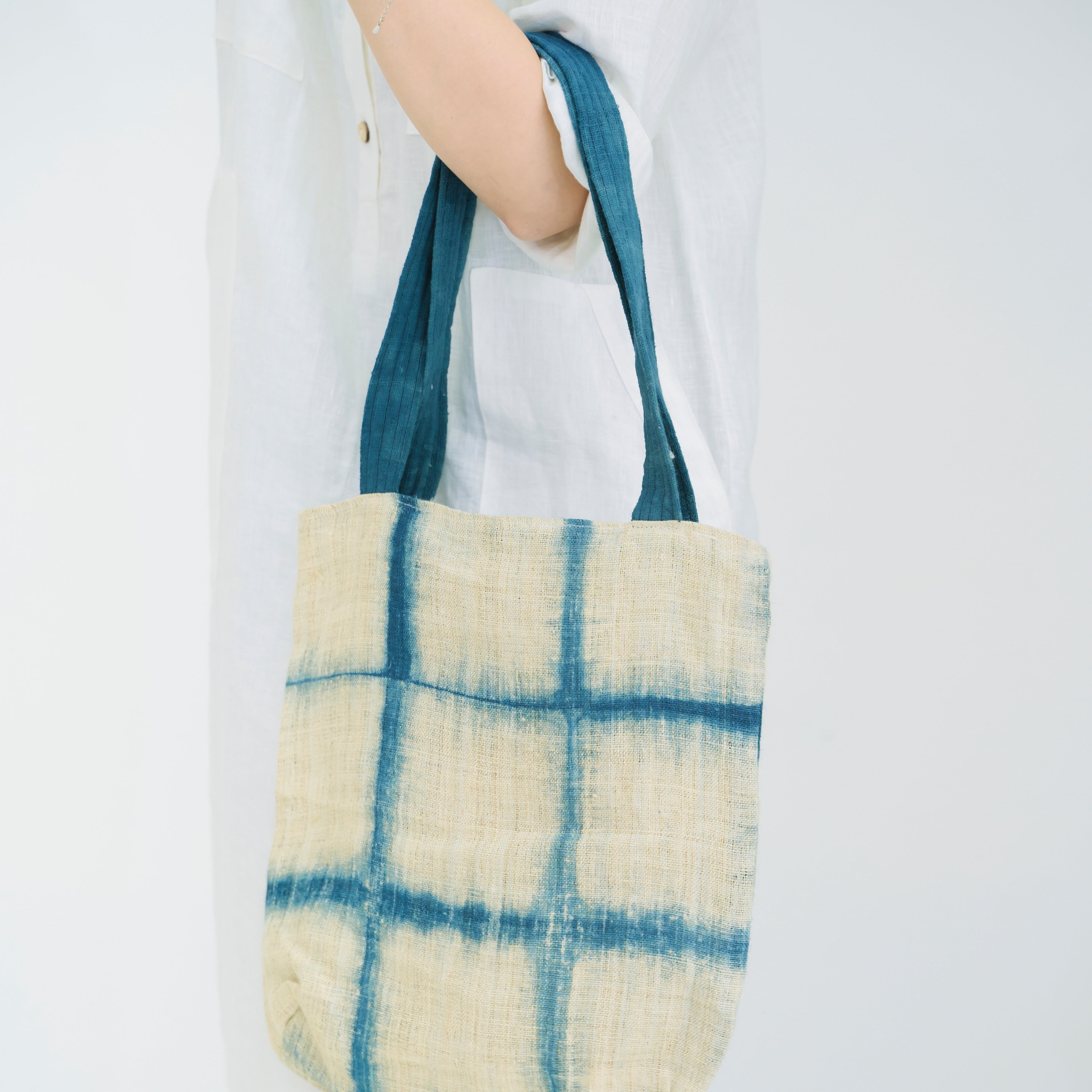 Handcrafted Indigo Grid Tote Bag - Hmong Shibori Pattern Hand-Dyed Brocade Shoulder Bag
