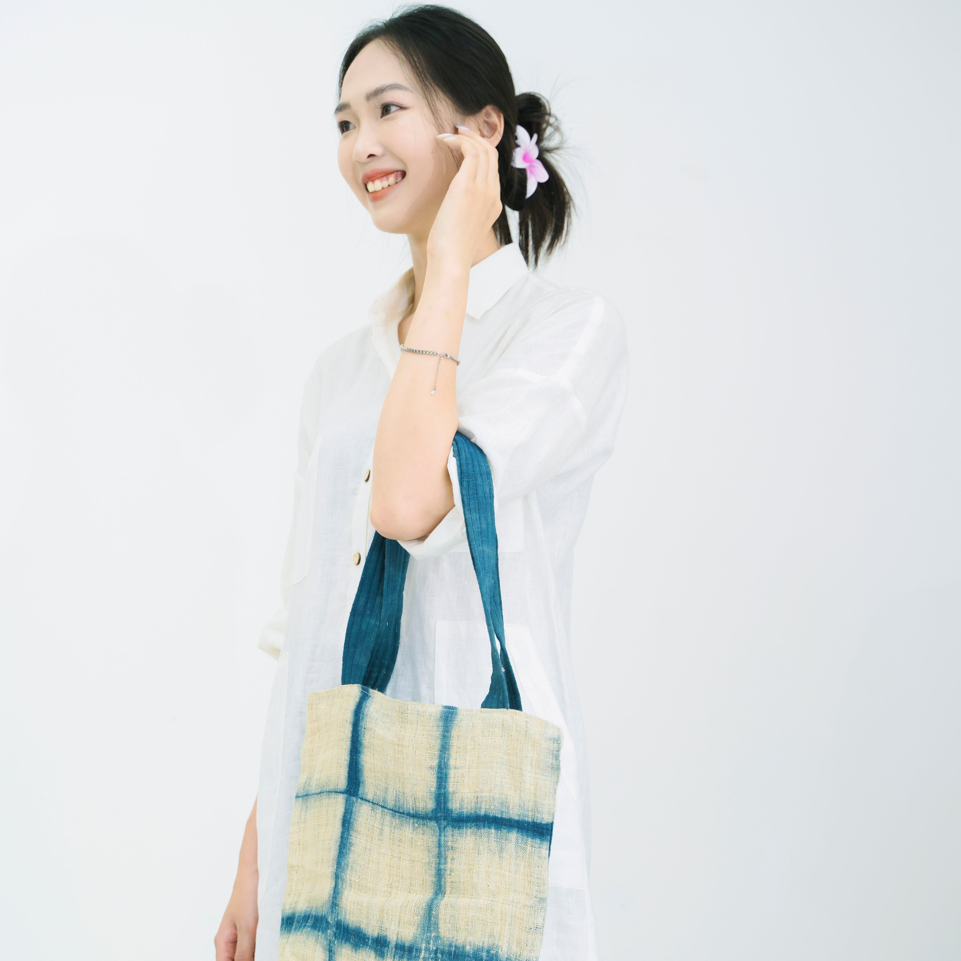 Handcrafted Indigo Grid Tote Bag - Hmong Shibori Pattern Hand-Dyed Brocade Shoulder Bag