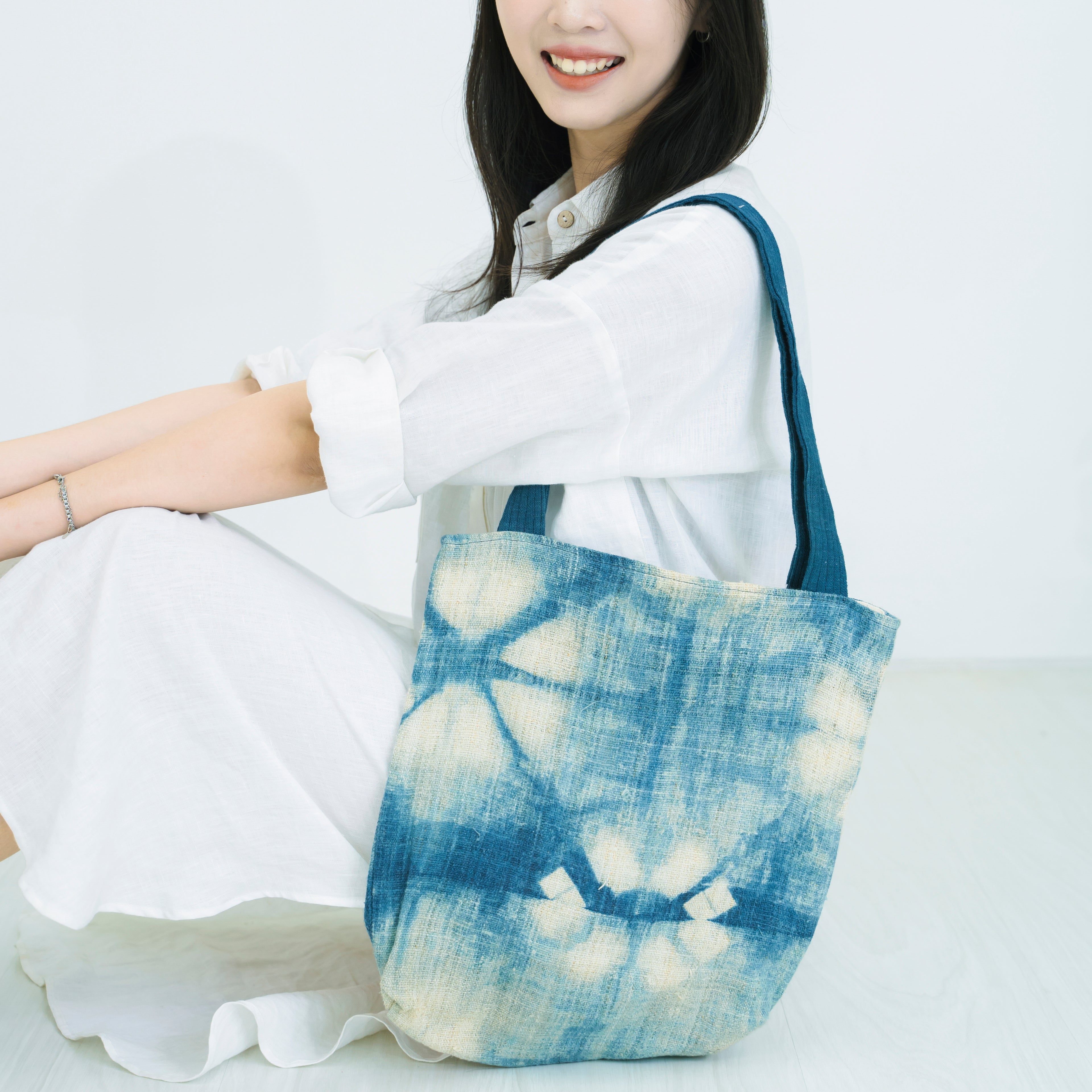 Indigo Bloom Hmong Tote Bag - Hand-Dyed Batik Brocade - Artisan Hill Tribe Shoulder Bag