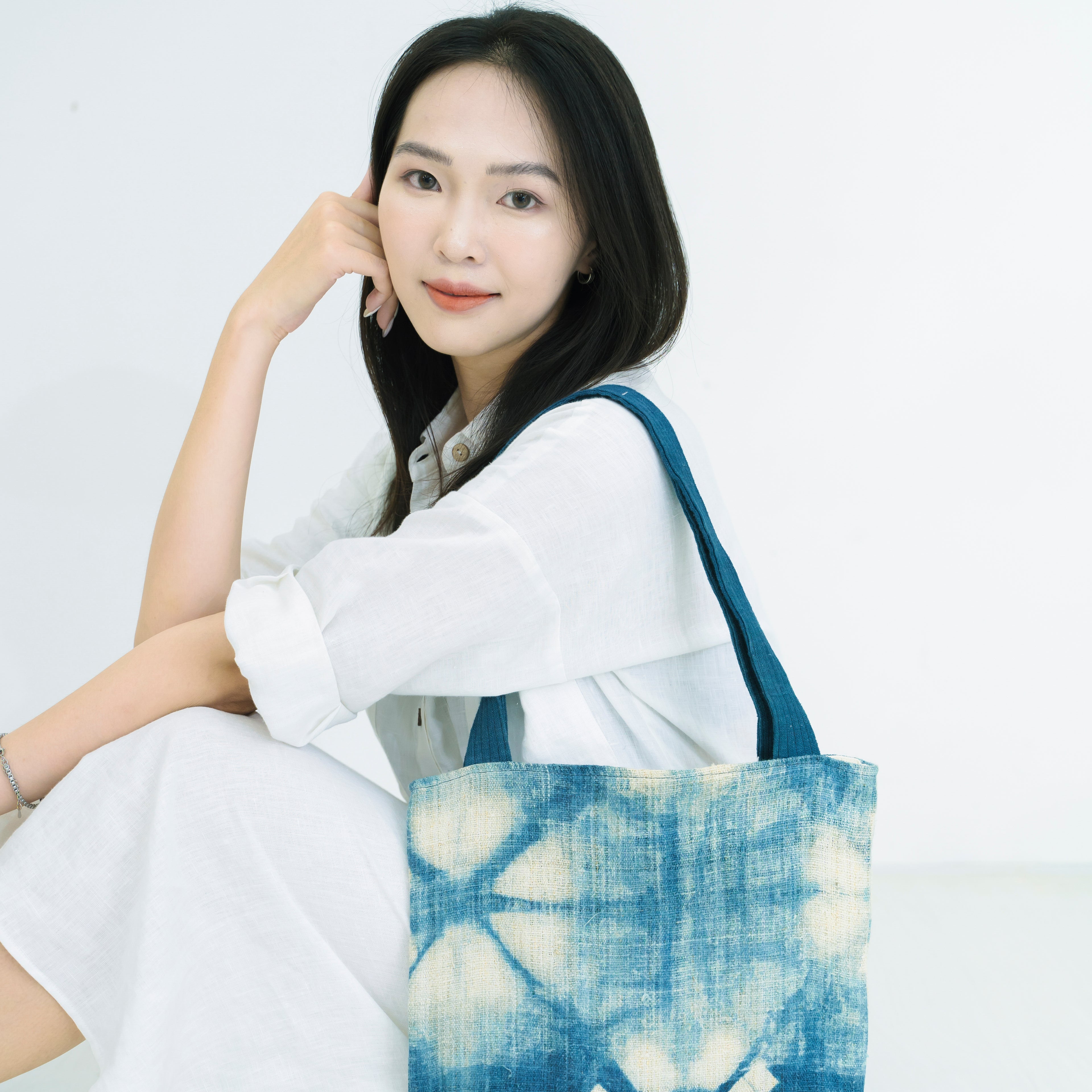 Indigo Bloom Hmong Tote Bag - Hand-Dyed Batik Brocade - Artisan Hill Tribe Shoulder Bag