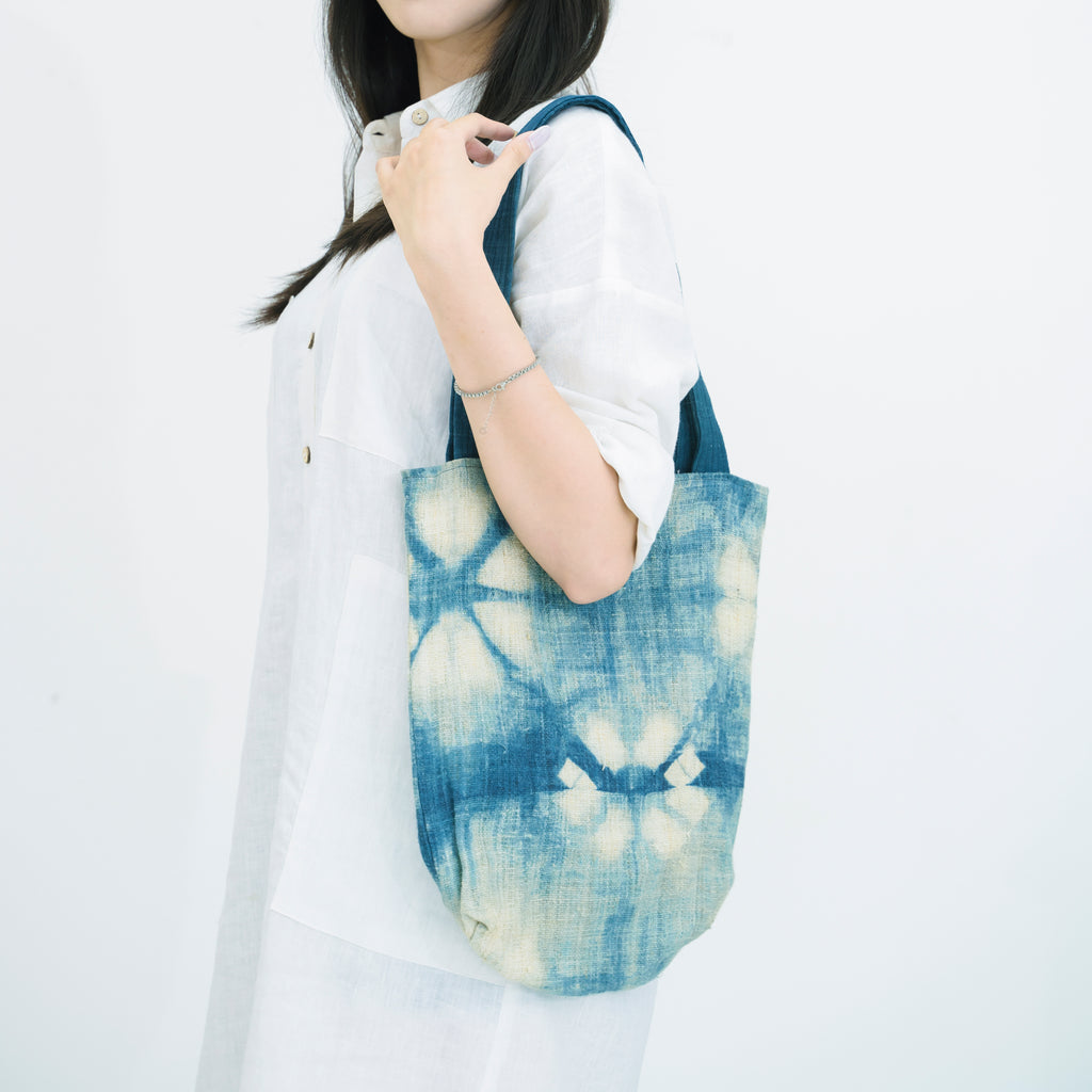 Indigo Bloom Hmong Tote Bag - Hand-Dyed Batik Brocade - Artisan Hill Tribe Shoulder Bag