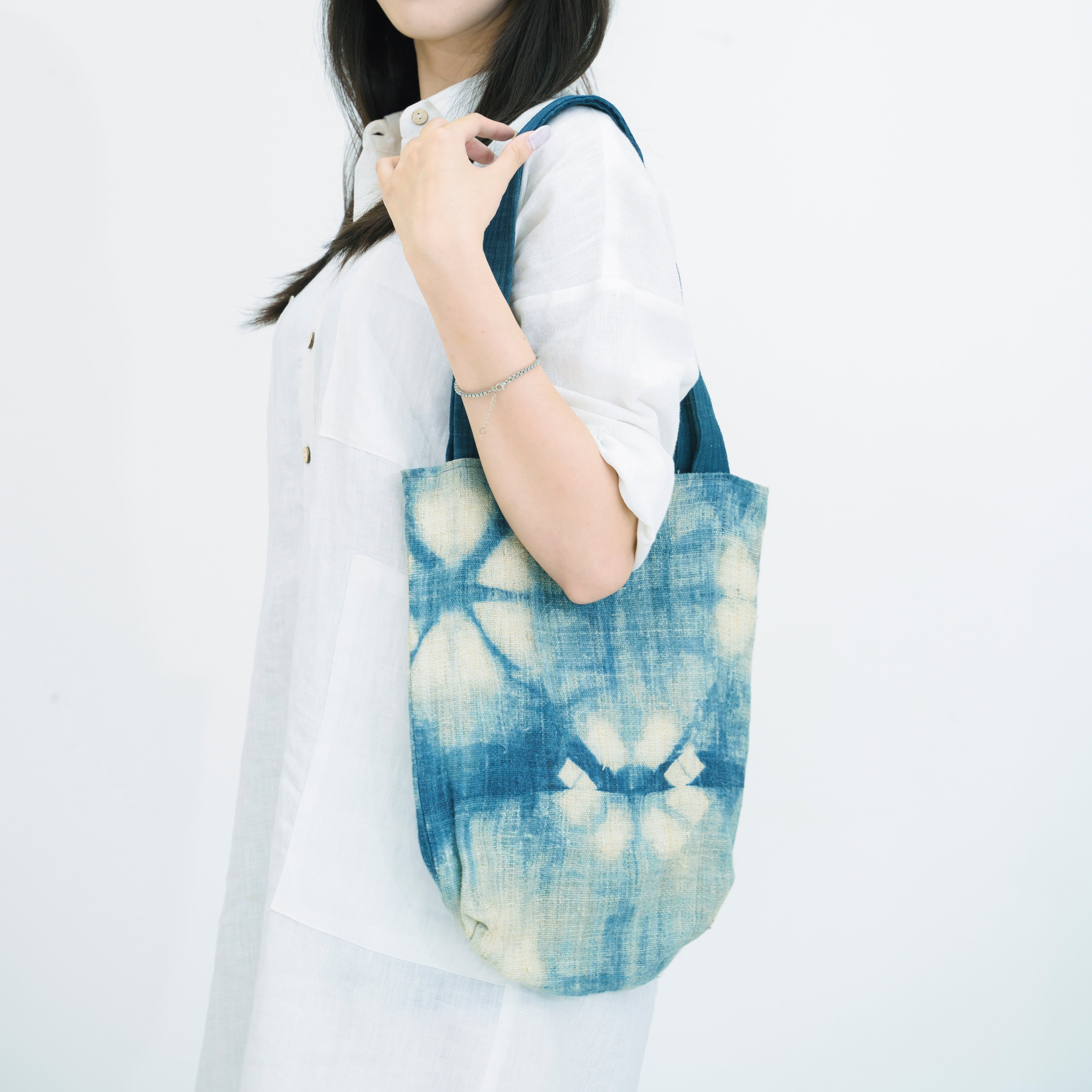 Indigo Bloom Hmong Tote Bag - Hand-Dyed Batik Brocade - Artisan Hill Tribe Shoulder Bag