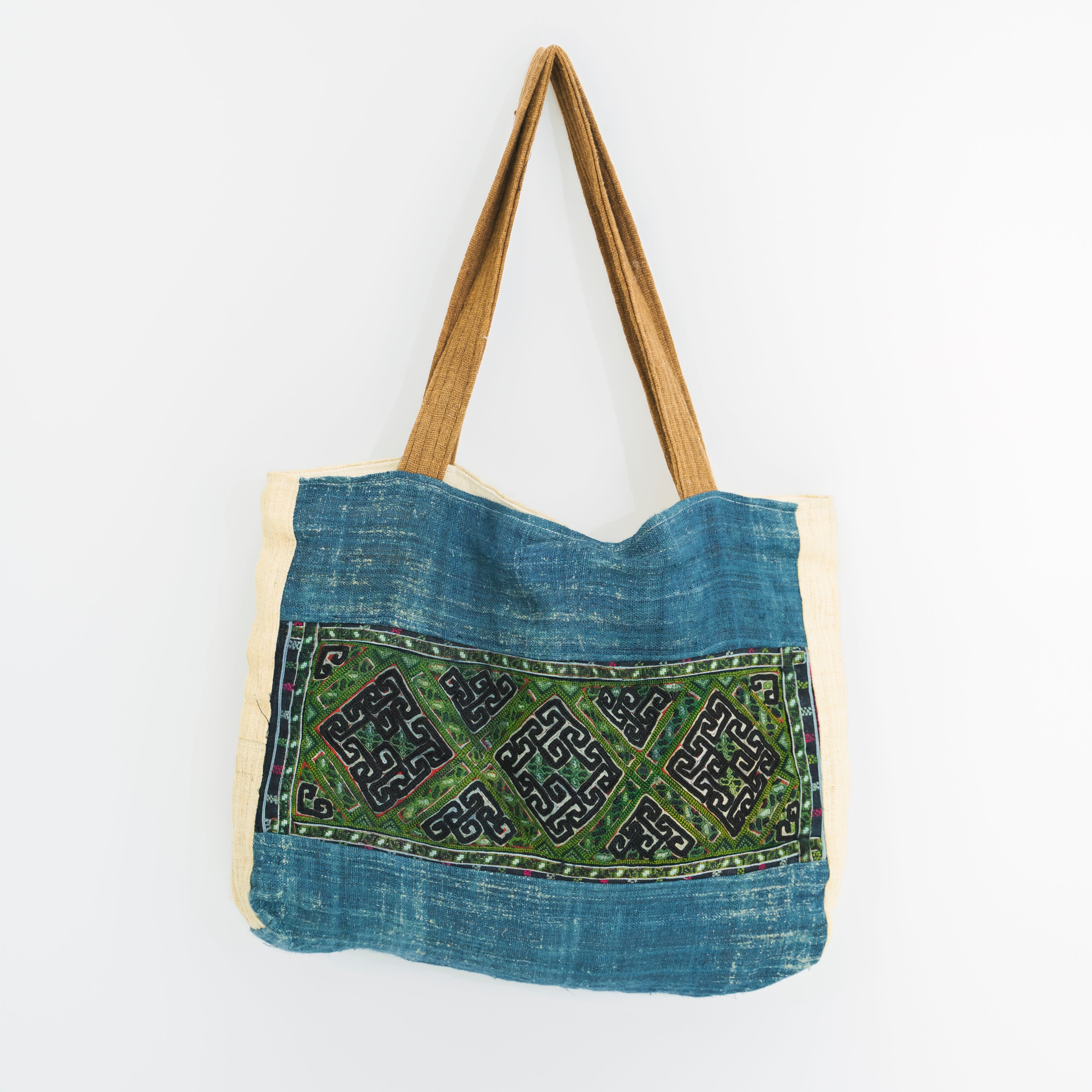 Hmong Indigo & Green Embroidered Tote Bag - Hand-Dyed Brocade with Vibrant Accent - Hill Tribe Artisan Shoulder Bag