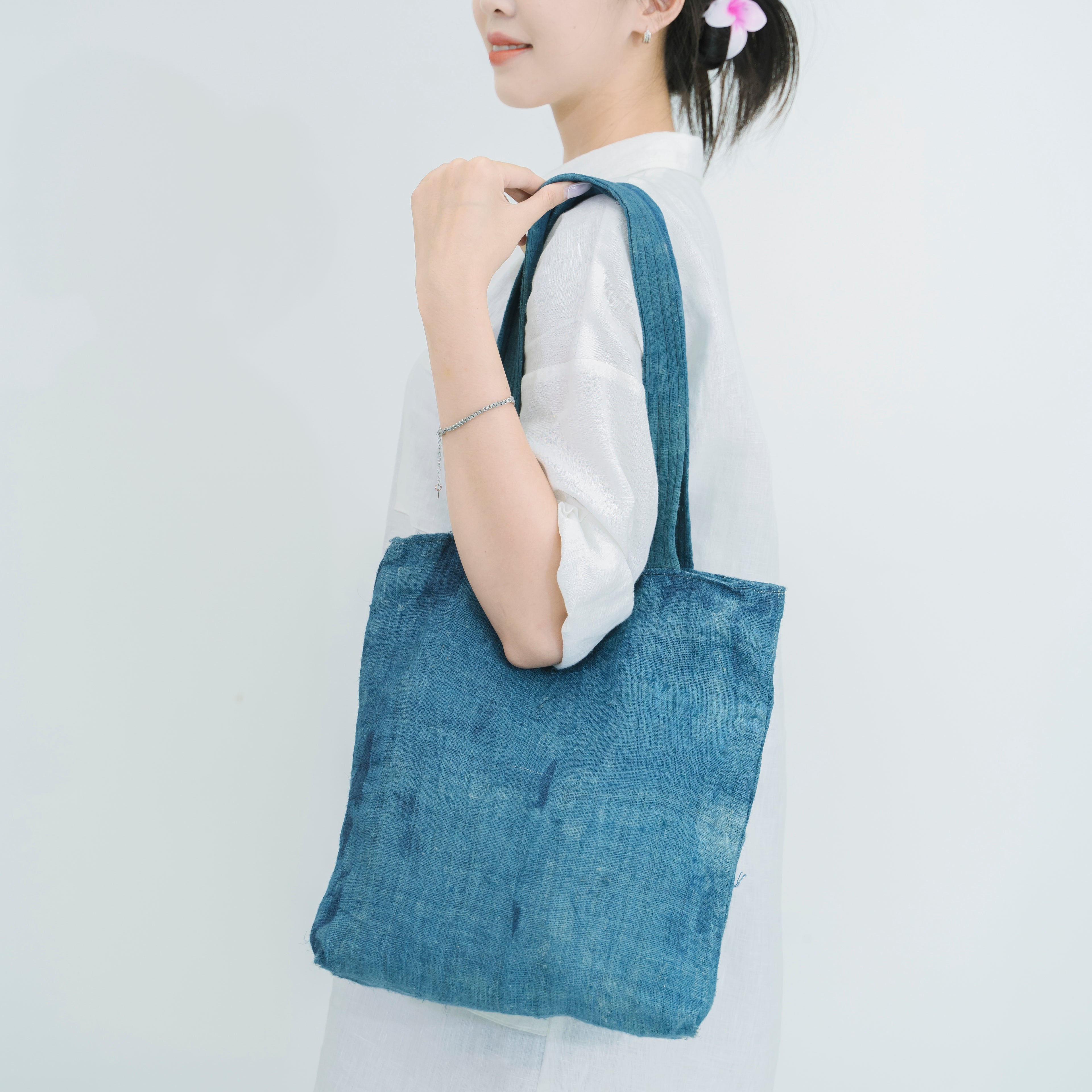 Hmong Natural Indigo Tote Bag - Minimalist Brocade Design - Traditional Hill Tribe Artisan Shoulder Bag