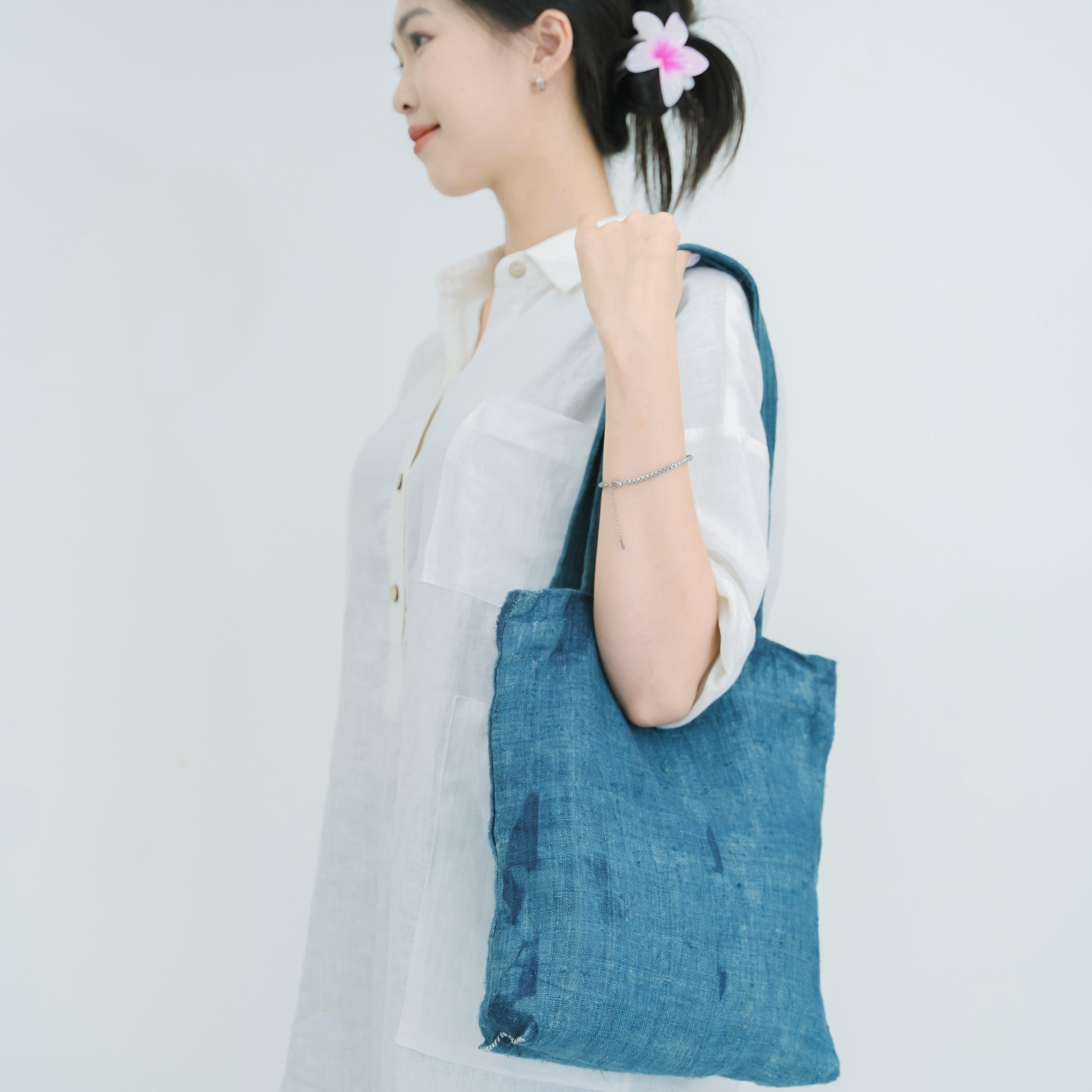 Hmong Natural Indigo Tote Bag - Minimalist Brocade Design - Traditional Hill Tribe Artisan Shoulder Bag