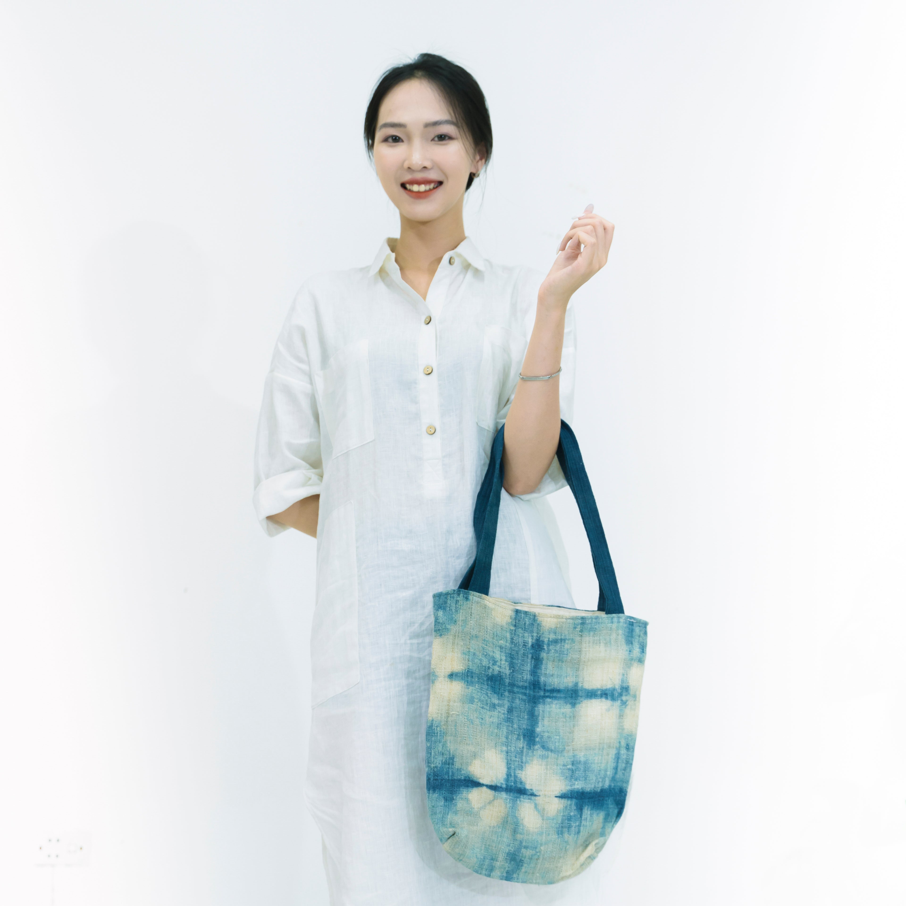 Indigo Bloom Hmong Tote Bag - Hand-Dyed Batik Brocade - Artisan Hill Tribe Shoulder Bag