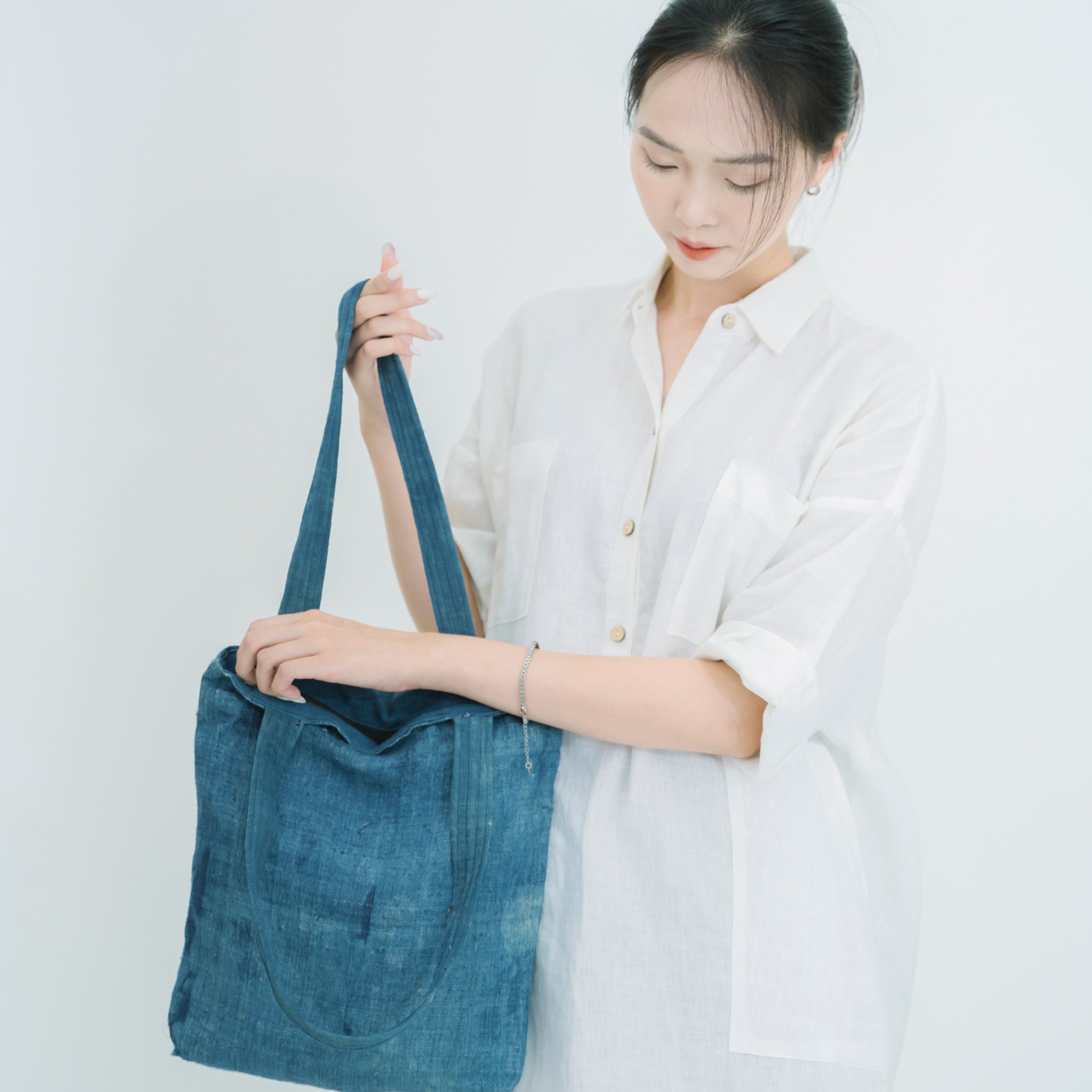 Hmong Natural Indigo Tote Bag - Minimalist Brocade Design - Traditional Hill Tribe Artisan Shoulder Bag