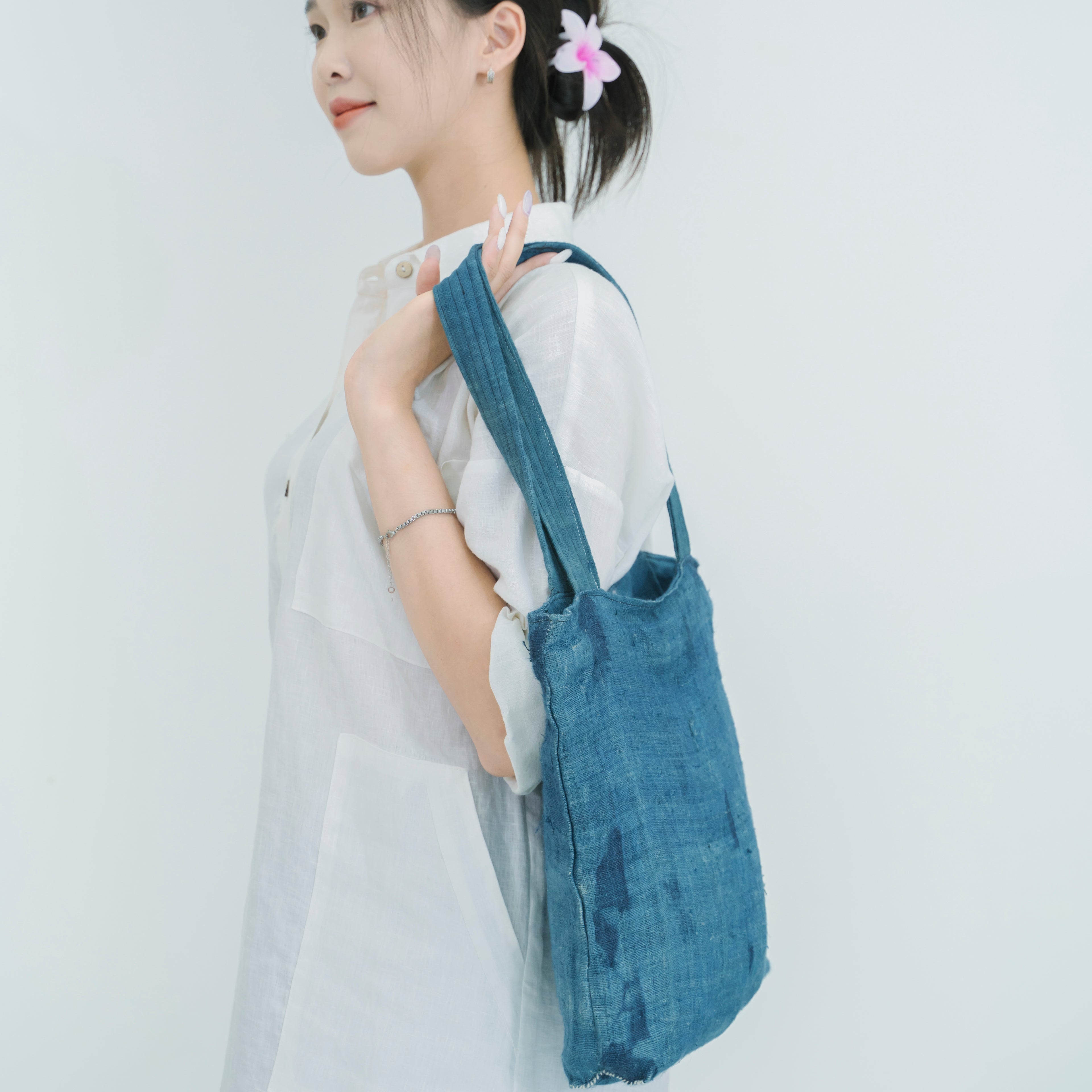 Hmong Natural Indigo Tote Bag - Minimalist Brocade Design - Traditional Hill Tribe Artisan Shoulder Bag