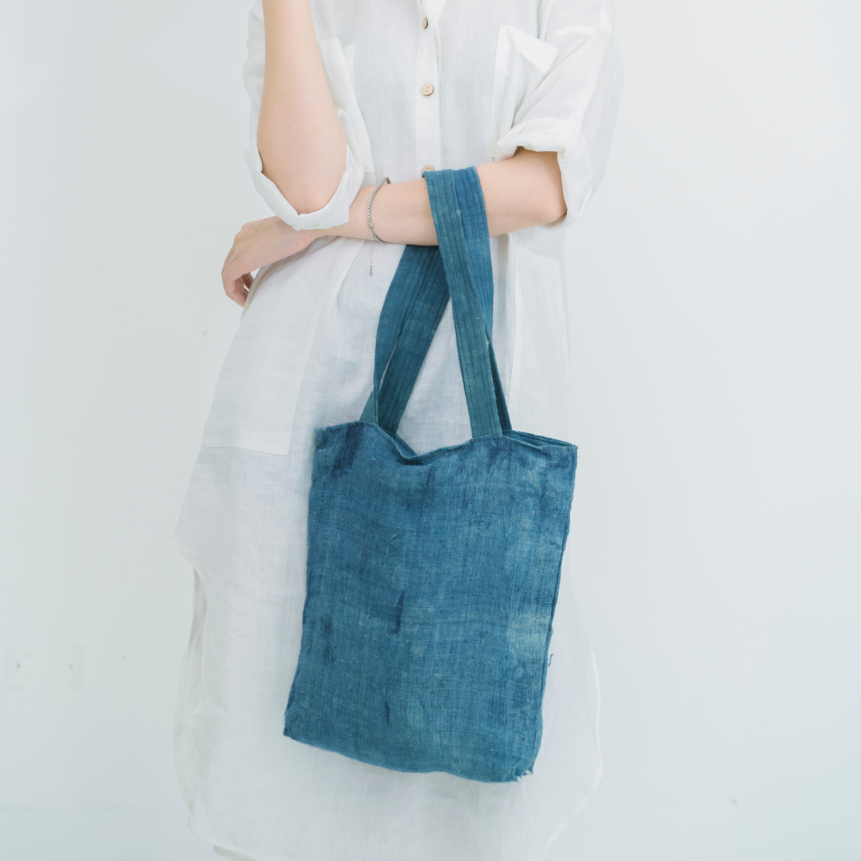 Hmong Natural Indigo Tote Bag - Minimalist Brocade Design - Traditional Hill Tribe Artisan Shoulder Bag