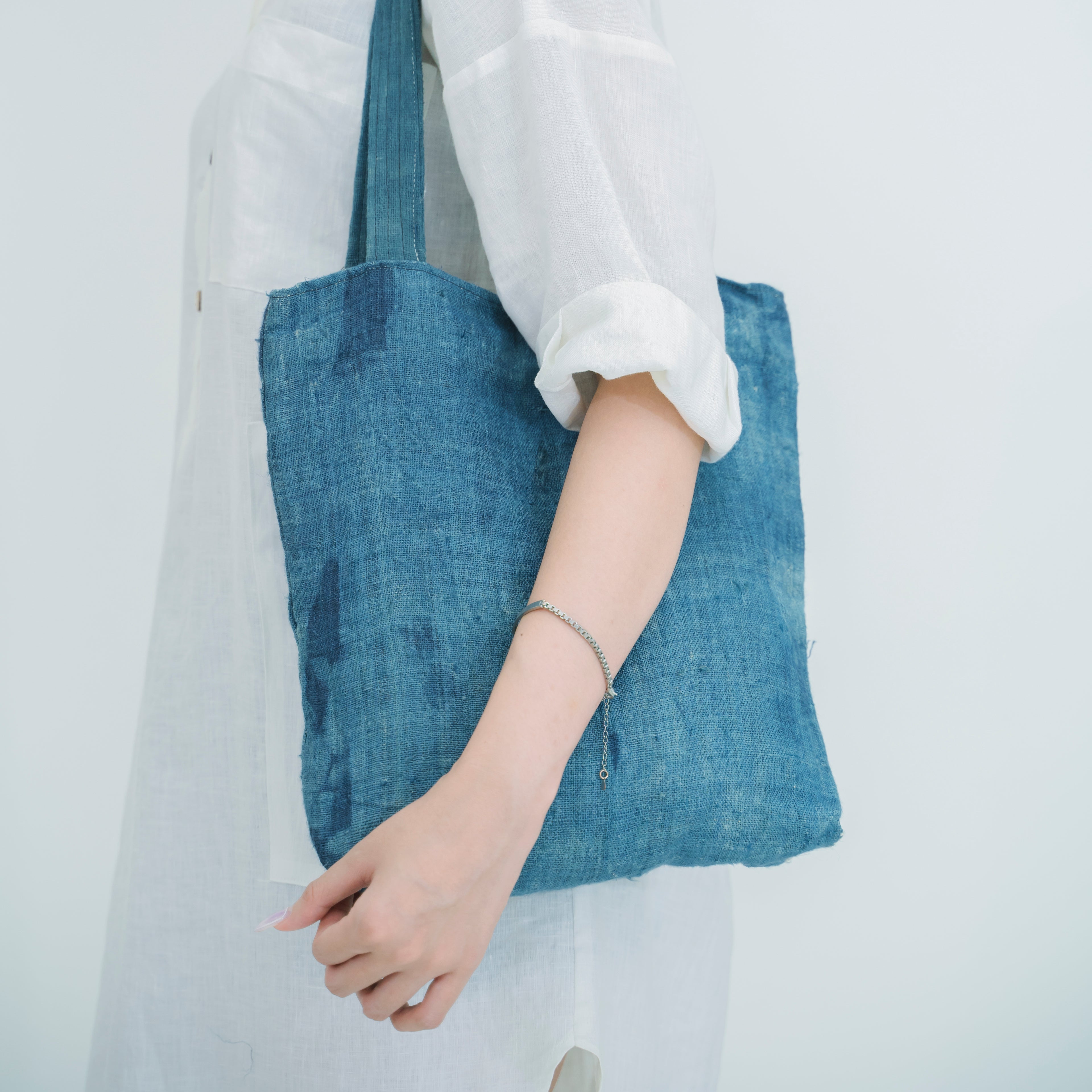 Hmong Natural Indigo Tote Bag - Minimalist Brocade Design - Traditional Hill Tribe Artisan Shoulder Bag