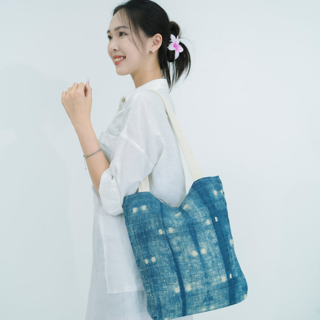 Hmong Speckled Indigo Tote Bag - Hand-Dyed Light Spot Brocade - One-of-a-Kind Hill Tribe Artisan Shoulder Bag