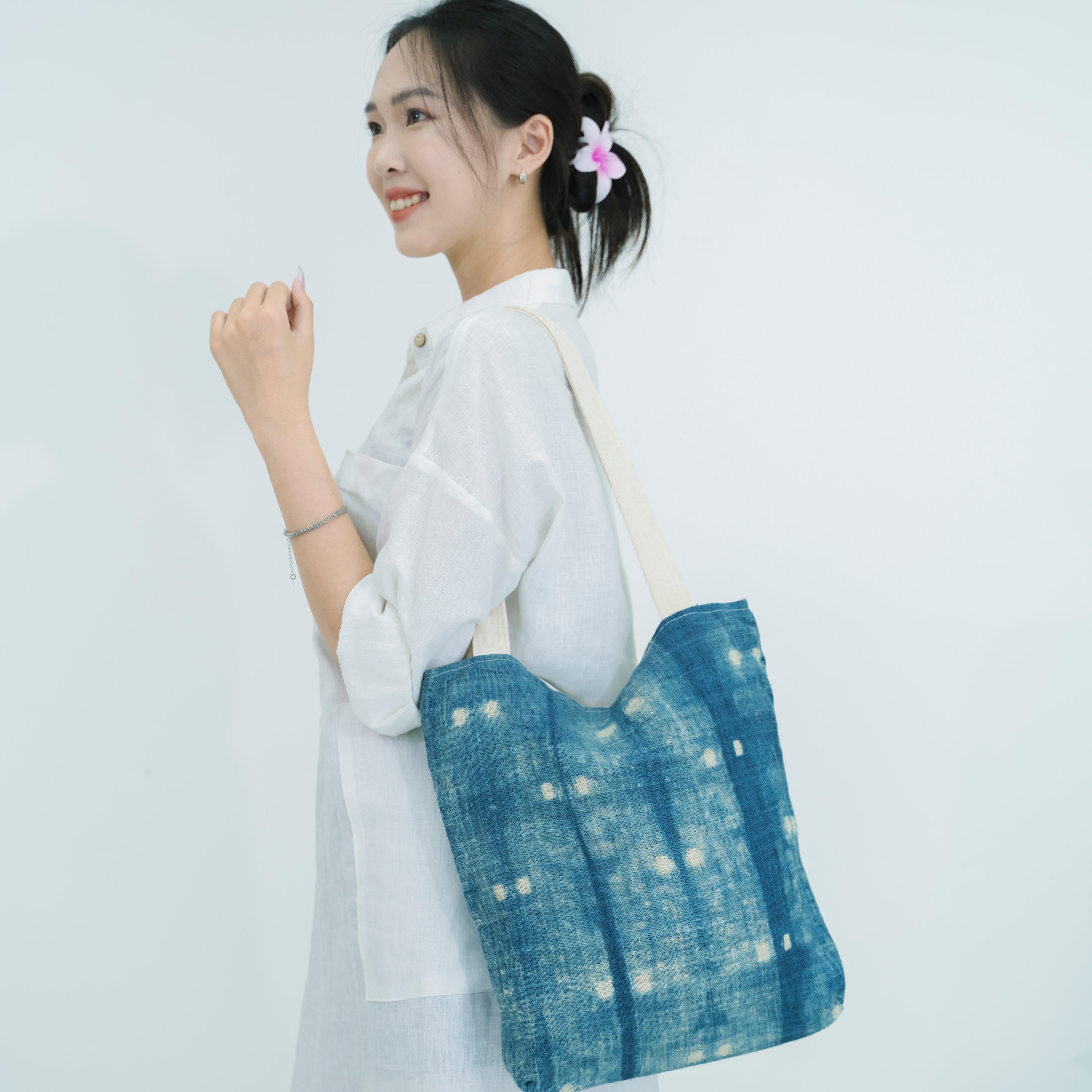 Hmong Speckled Indigo Tote Bag - Hand-Dyed Light Spot Brocade - One-of-a-Kind Hill Tribe Artisan Shoulder Bag