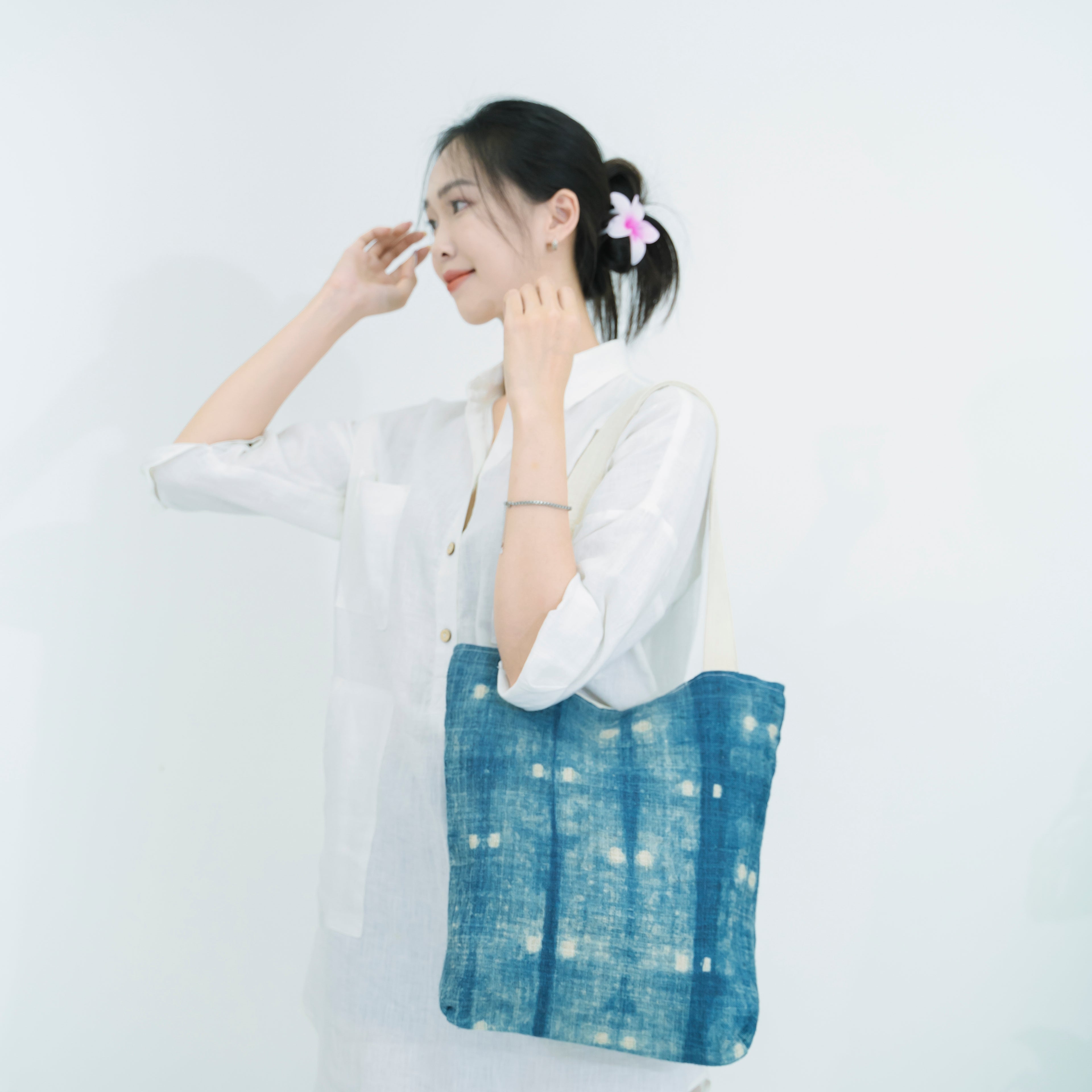 Hmong Speckled Indigo Tote Bag - Hand-Dyed Light Spot Brocade - One-of-a-Kind Hill Tribe Artisan Shoulder Bag