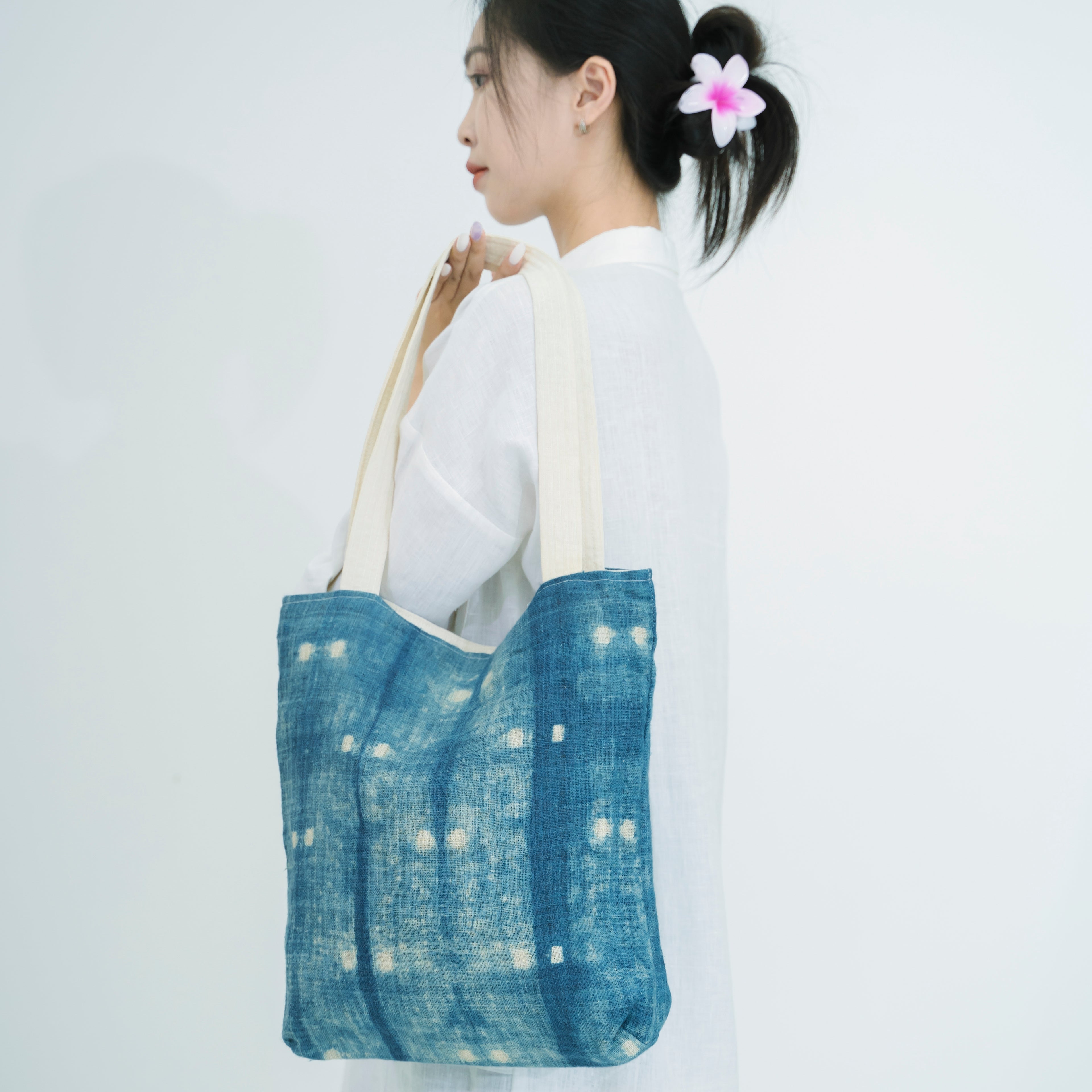 Hmong Speckled Indigo Tote Bag - Hand-Dyed Light Spot Brocade - One-of-a-Kind Hill Tribe Artisan Shoulder Bag