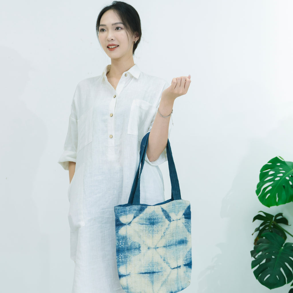 Hmong Diamond Pattern Tote Bag - Hand-Dyed Indigo Brocade - Traditional Hill Tribe Artisan Shoulder Bag