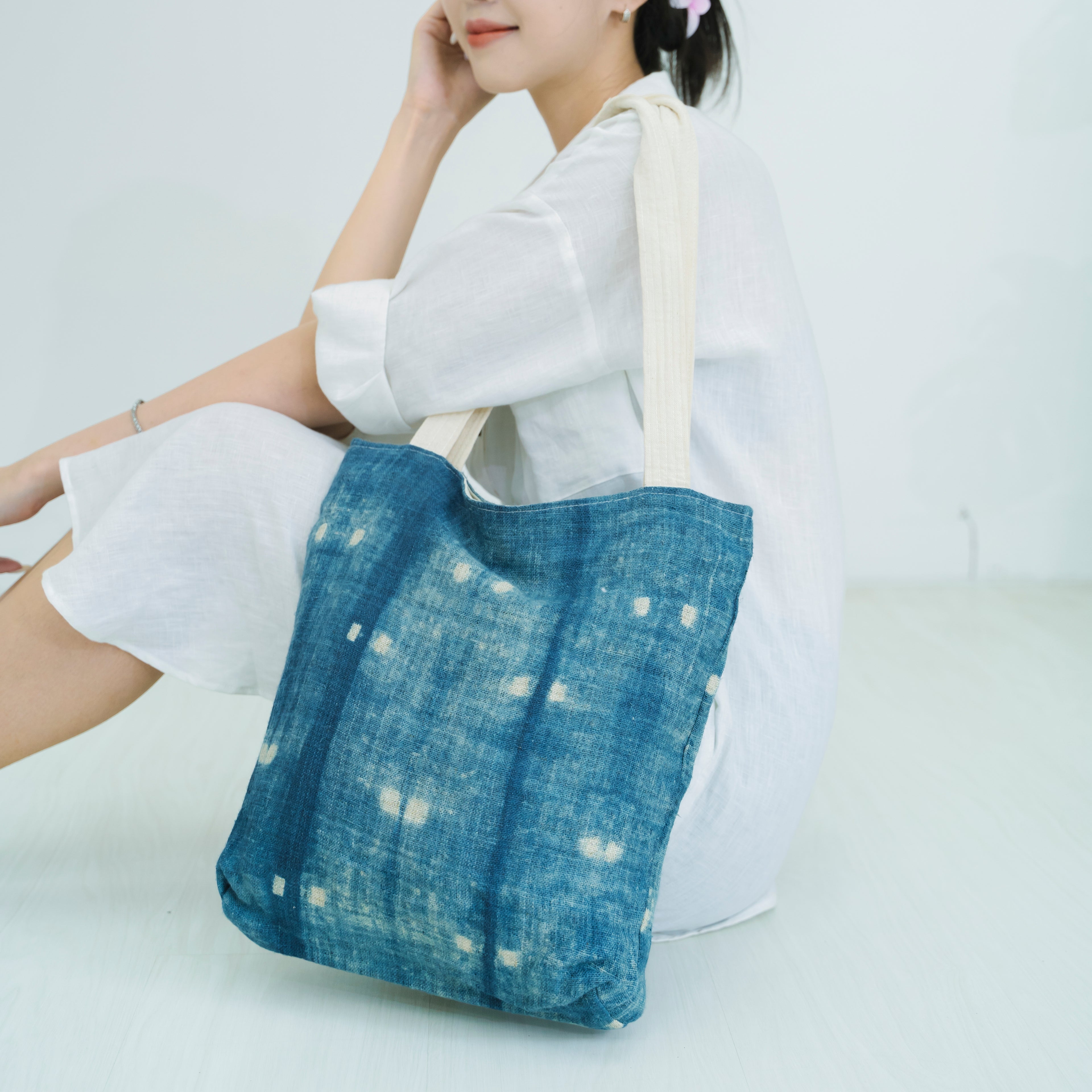 Hmong Speckled Indigo Tote Bag - Hand-Dyed Light Spot Brocade - One-of-a-Kind Hill Tribe Artisan Shoulder Bag