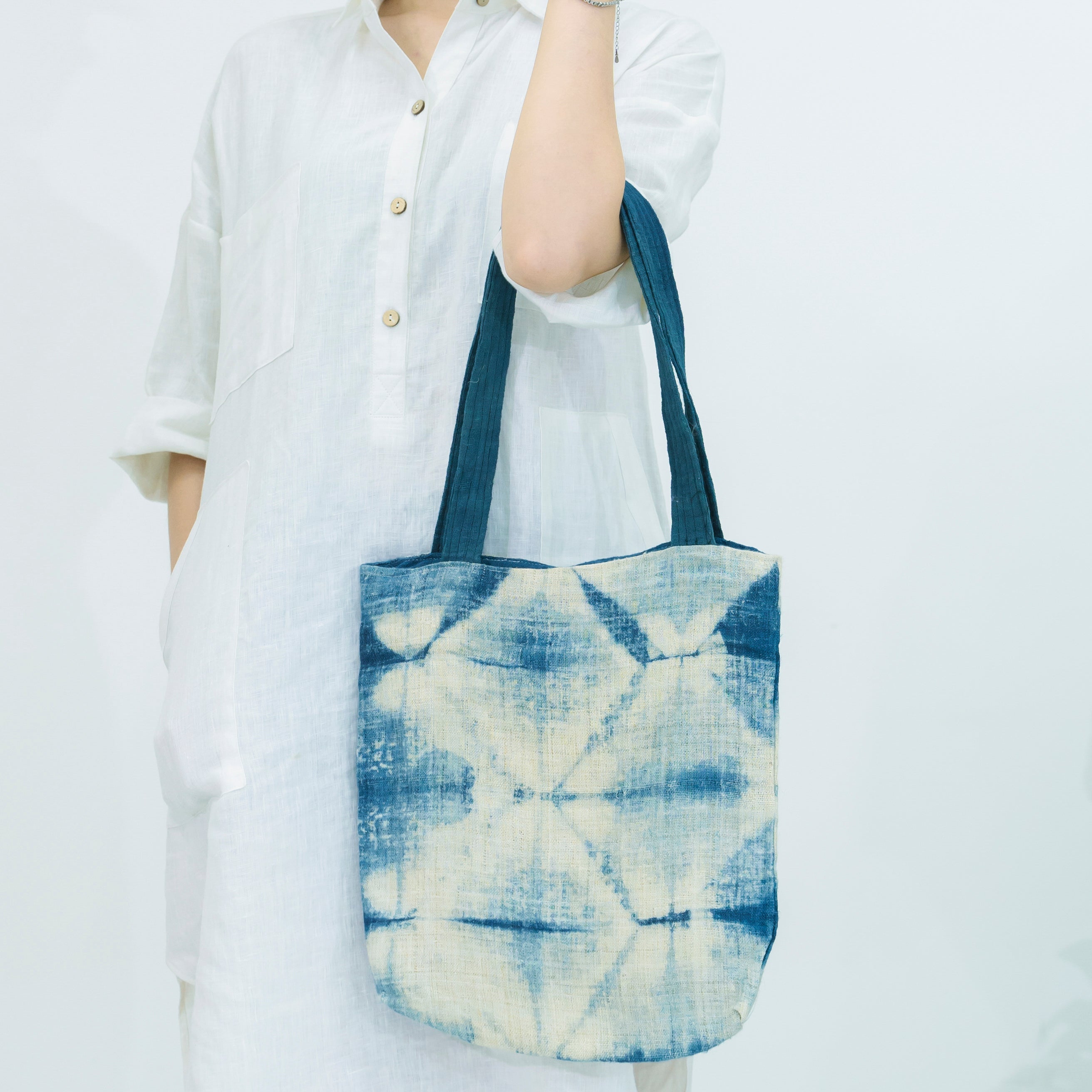 Hmong Diamond Pattern Tote Bag - Hand-Dyed Indigo Brocade - Traditional Hill Tribe Artisan Shoulder Bag