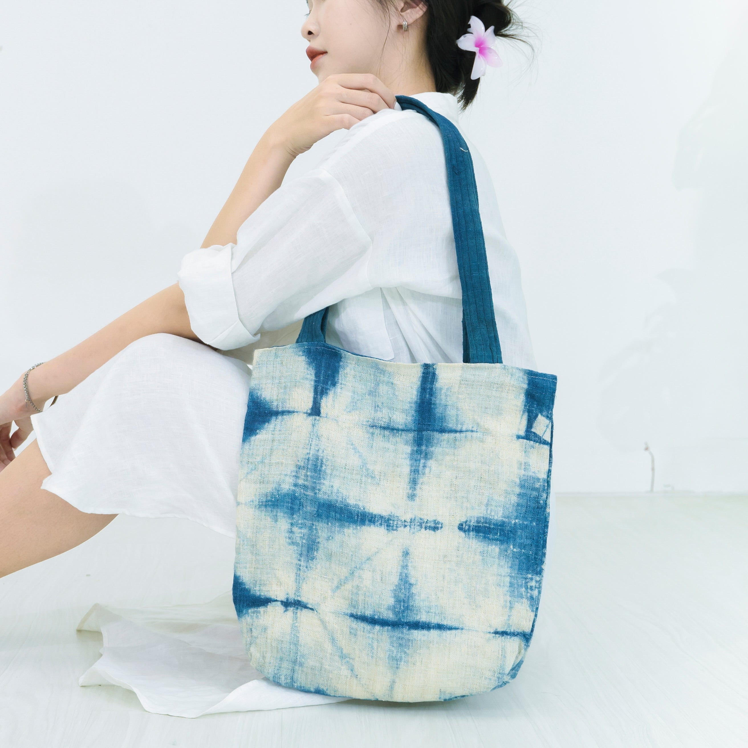 Hmong Diamond Pattern Tote Bag - Hand-Dyed Indigo Brocade - Traditional Hill Tribe Artisan Shoulder Bag