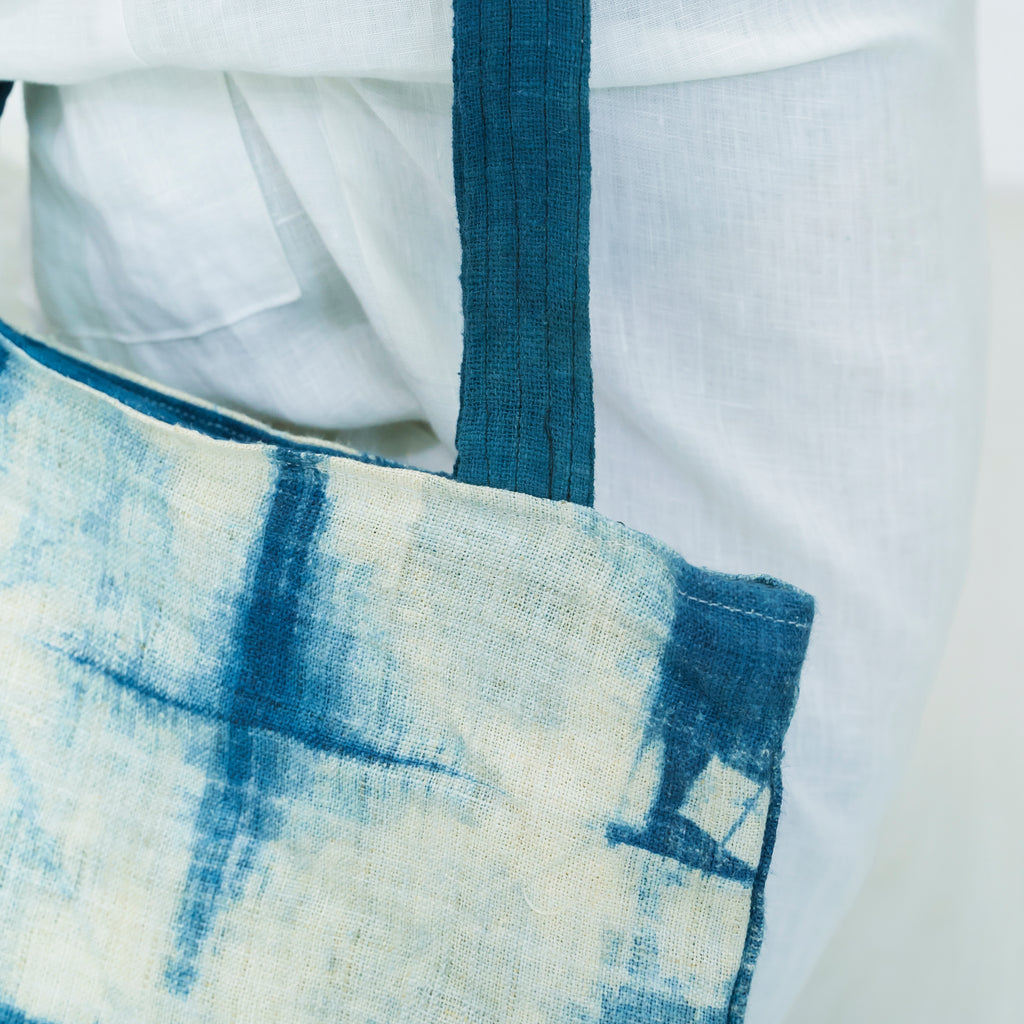 Hmong Diamond Pattern Tote Bag - Hand-Dyed Indigo Brocade - Traditional Hill Tribe Artisan Shoulder Bag