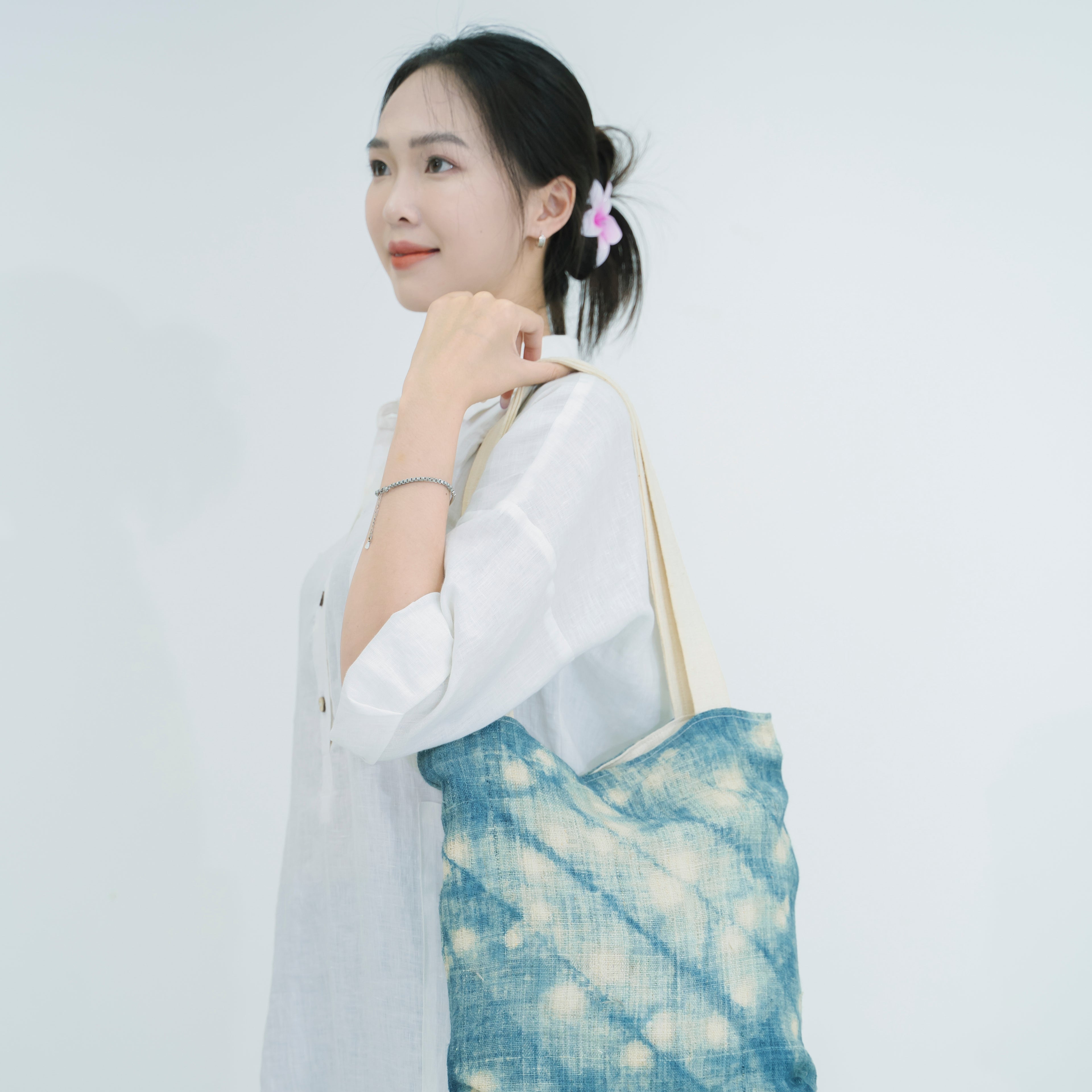 Hmong Splash Pattern Tote Bag - Hand-Dyed Indigo Splatter Brocade - One-of-a-Kind Hill Tribe Artisan Shoulder Bag