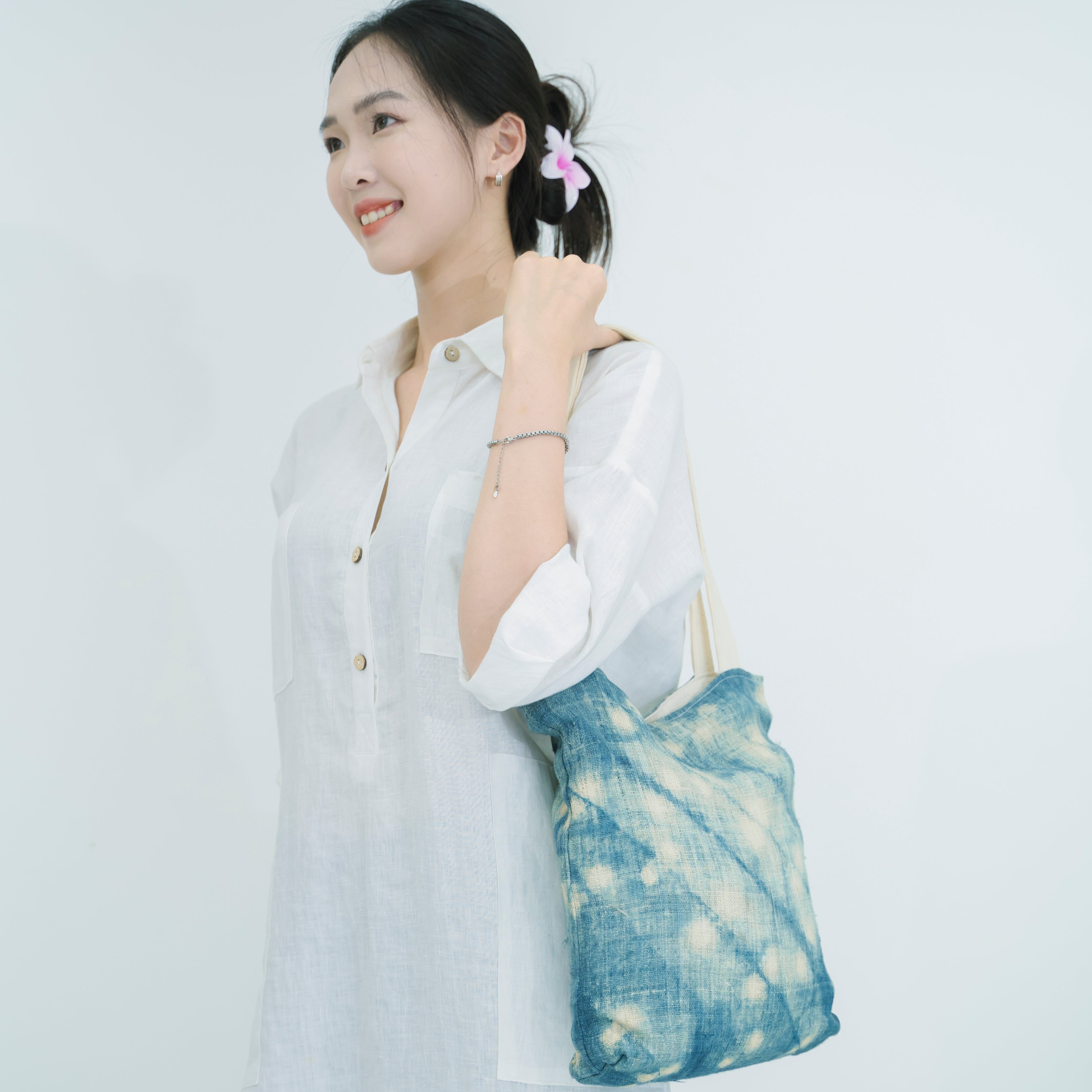 Hmong Splash Pattern Tote Bag - Hand-Dyed Indigo Splatter Brocade - One-of-a-Kind Hill Tribe Artisan Shoulder Bag