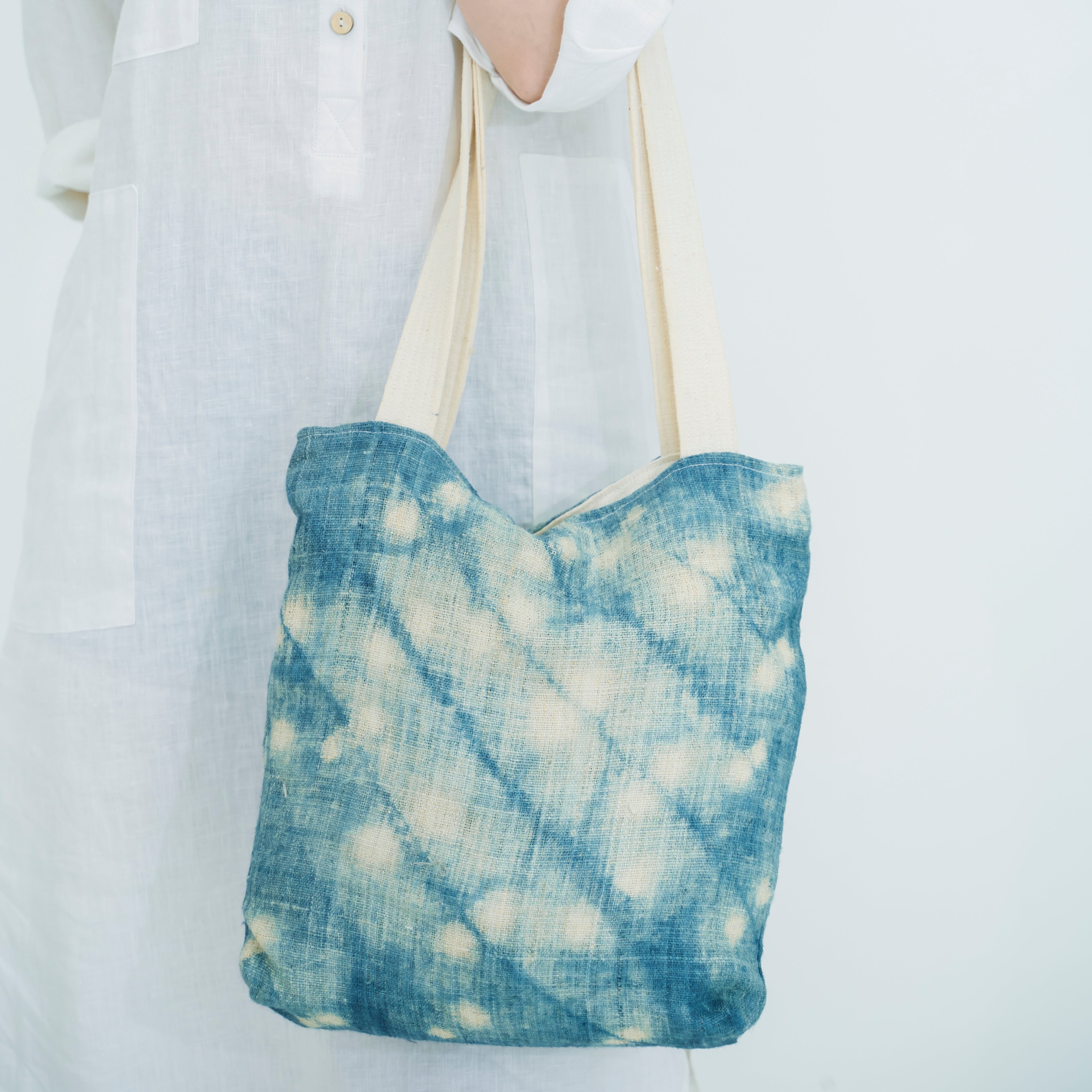 Hmong Splash Pattern Tote Bag - Hand-Dyed Indigo Splatter Brocade - One-of-a-Kind Hill Tribe Artisan Shoulder Bag