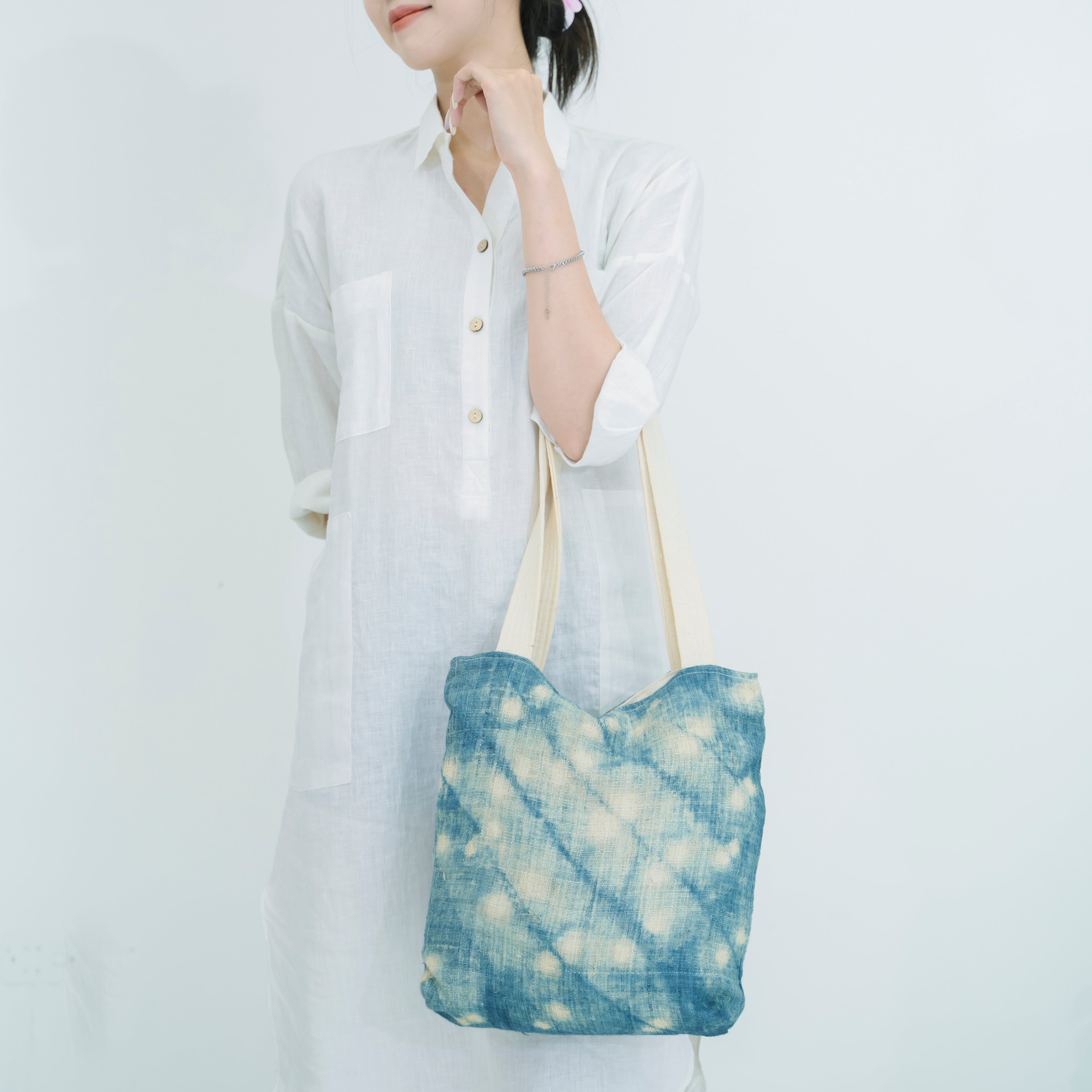 Hmong Splash Pattern Tote Bag - Hand-Dyed Indigo Splatter Brocade - One-of-a-Kind Hill Tribe Artisan Shoulder Bag
