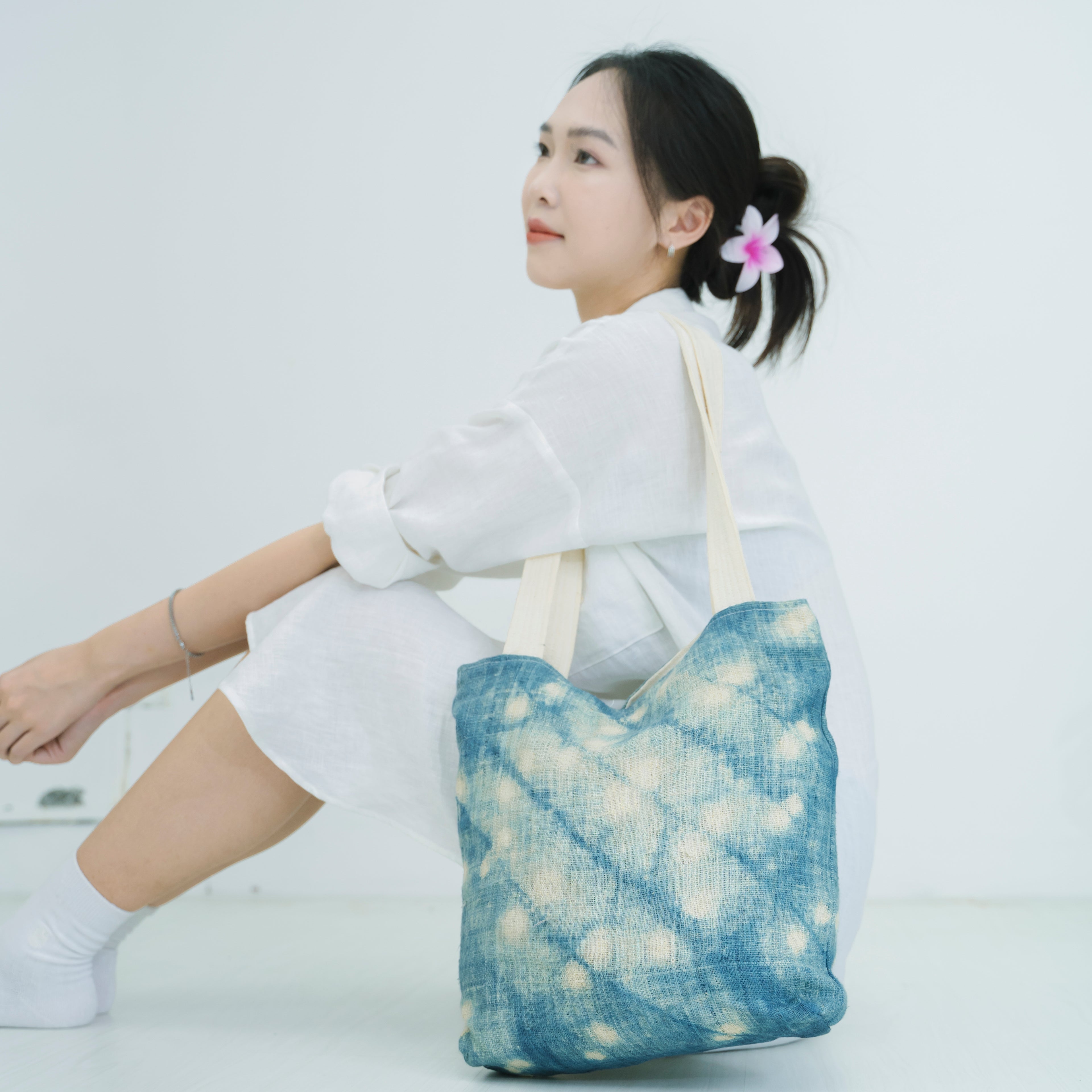 Hmong Splash Pattern Tote Bag - Hand-Dyed Indigo Splatter Brocade - One-of-a-Kind Hill Tribe Artisan Shoulder Bag