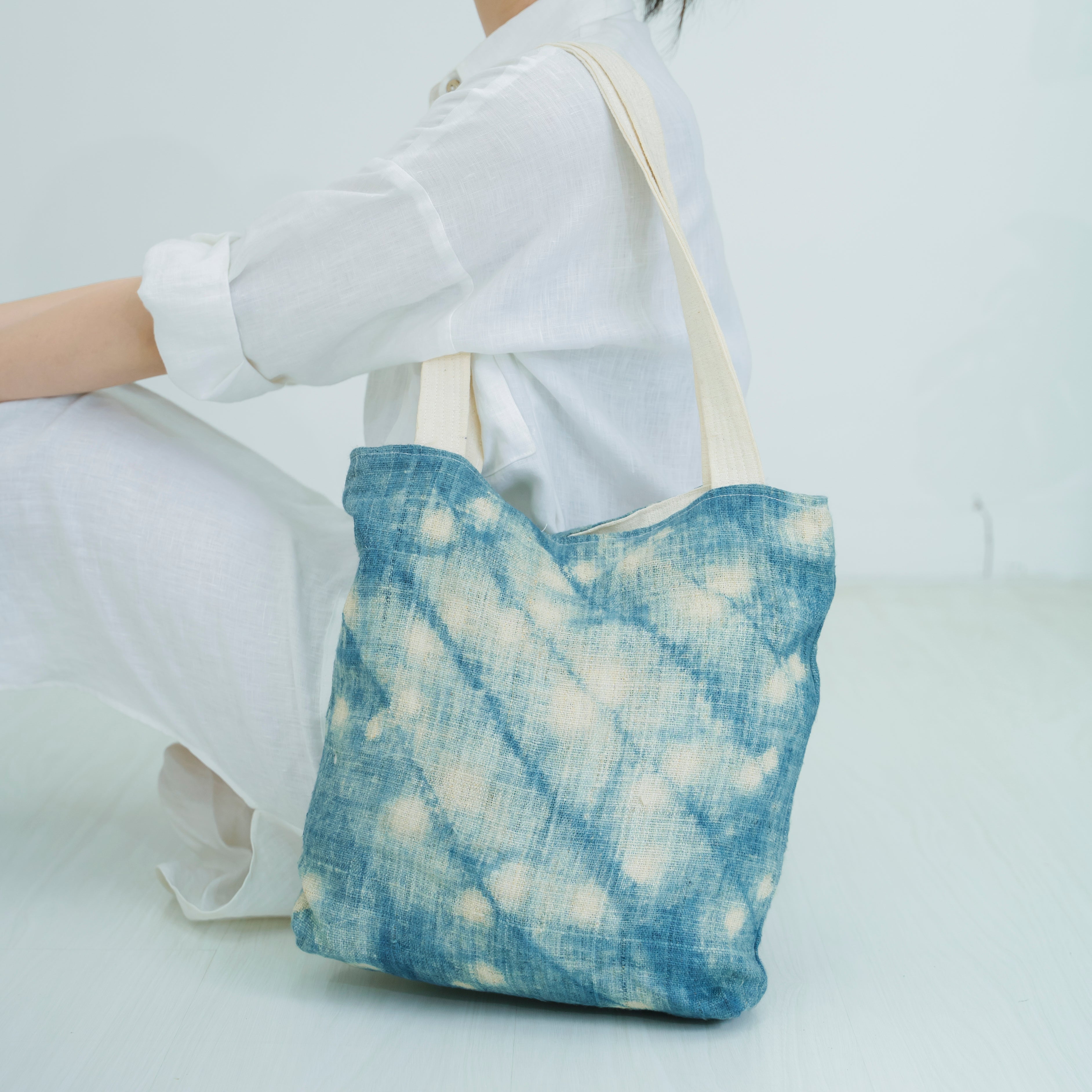 Hmong Splash Pattern Tote Bag - Hand-Dyed Indigo Splatter Brocade - One-of-a-Kind Hill Tribe Artisan Shoulder Bag