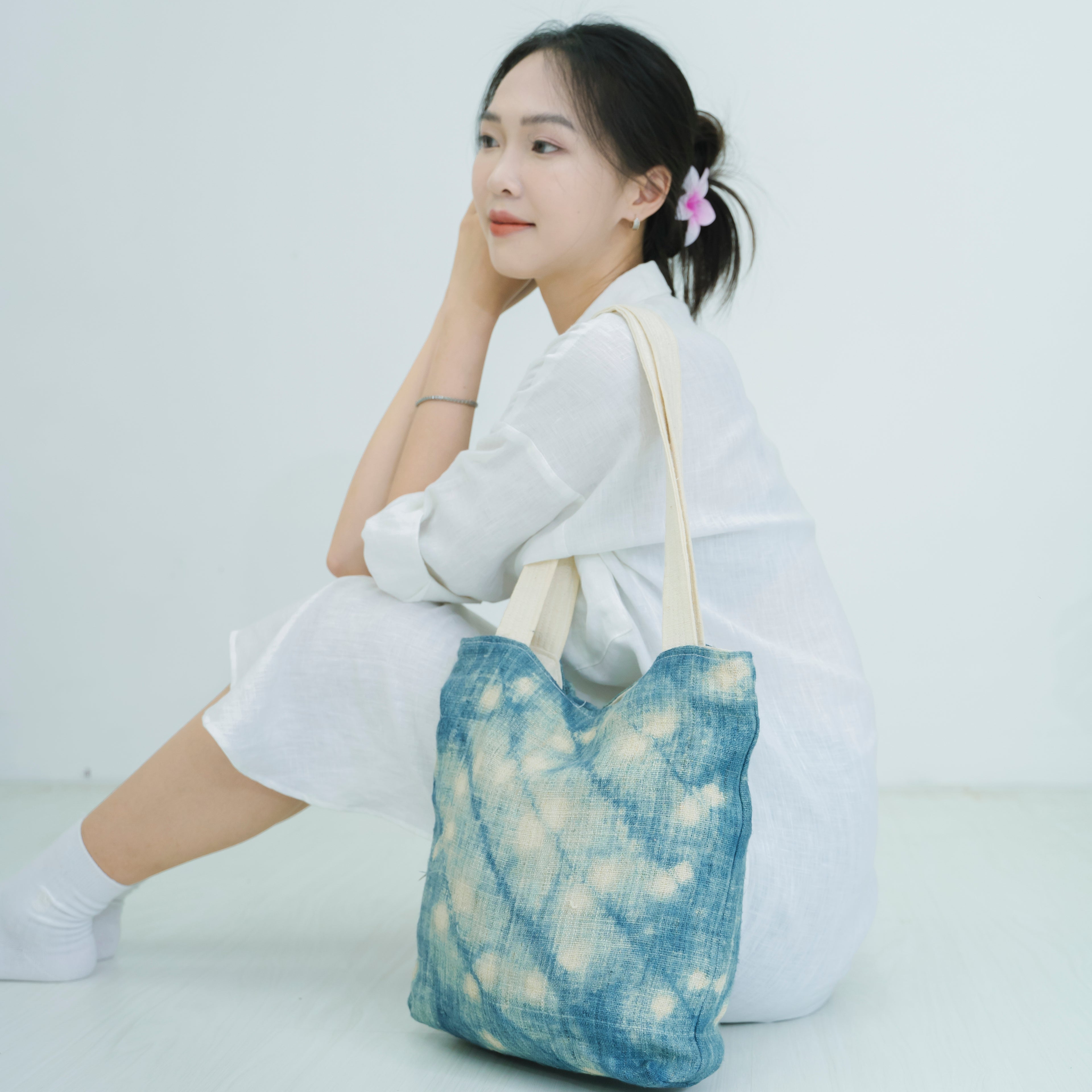 Hmong Splash Pattern Tote Bag - Hand-Dyed Indigo Splatter Brocade - One-of-a-Kind Hill Tribe Artisan Shoulder Bag