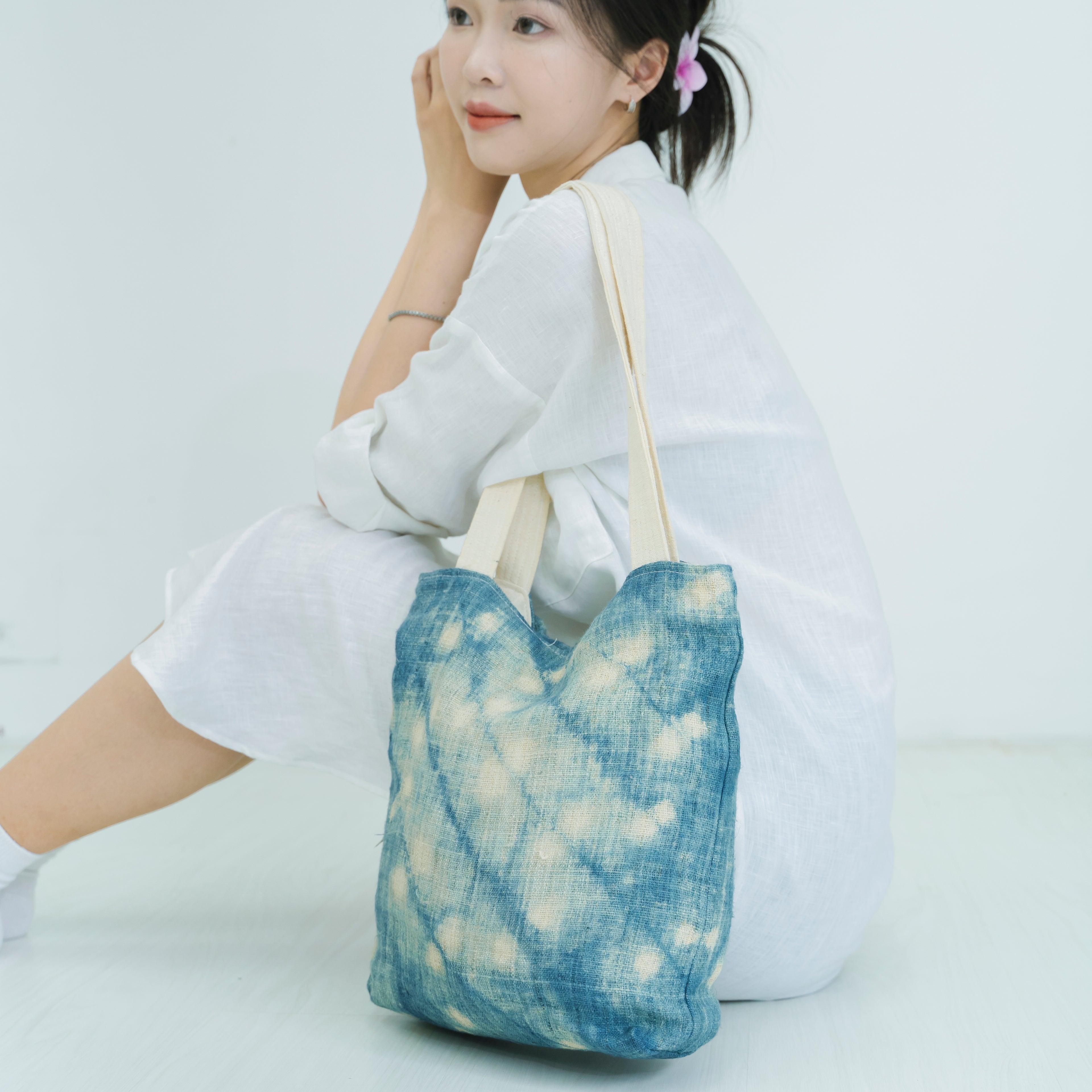 Hmong Splash Pattern Tote Bag - Hand-Dyed Indigo Splatter Brocade - One-of-a-Kind Hill Tribe Artisan Shoulder Bag