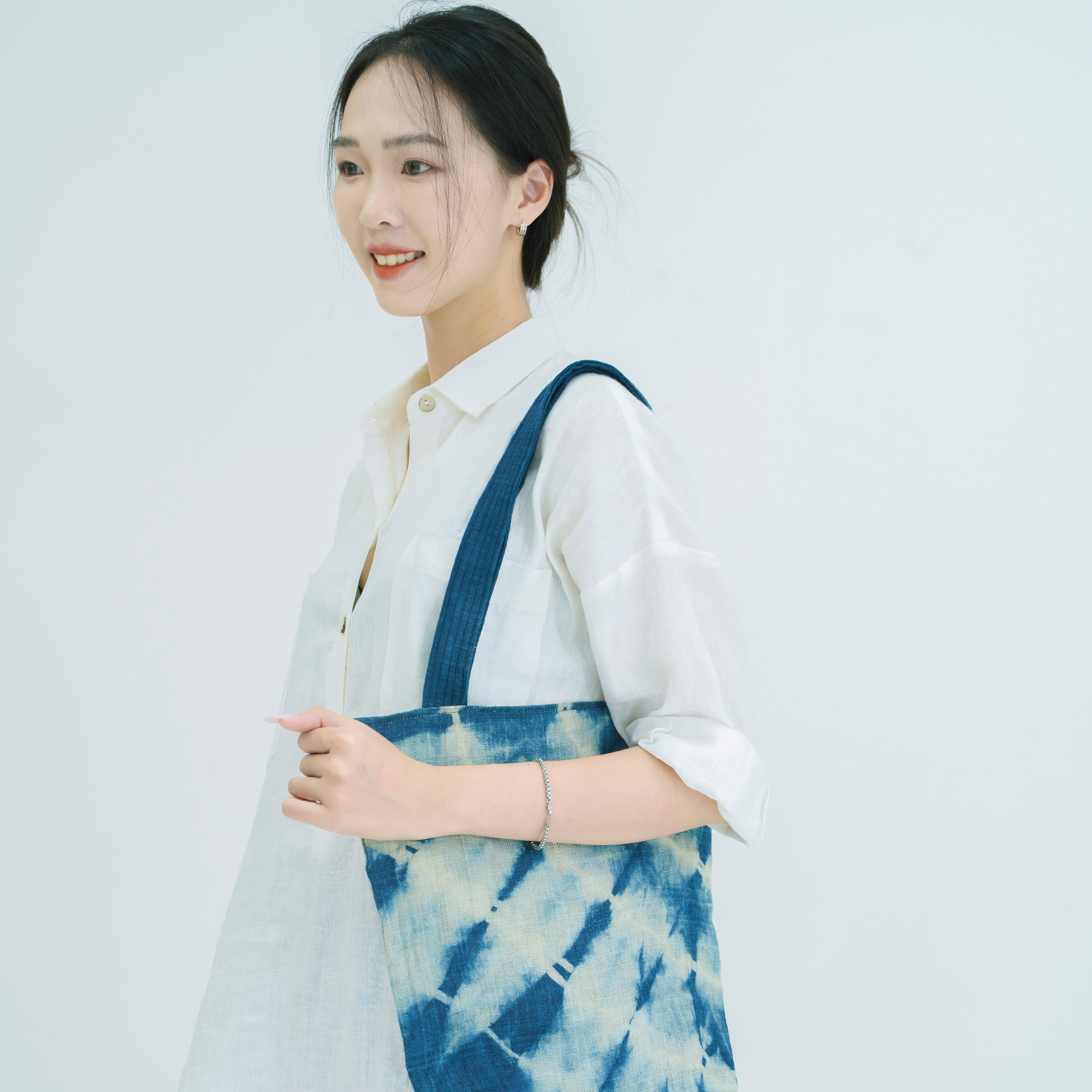 Hmong Indigo Stripe Tote Bag - Hand-Dyed Flow Pattern Brocade - Traditional Hill Tribe Artisan Shoulder Bag