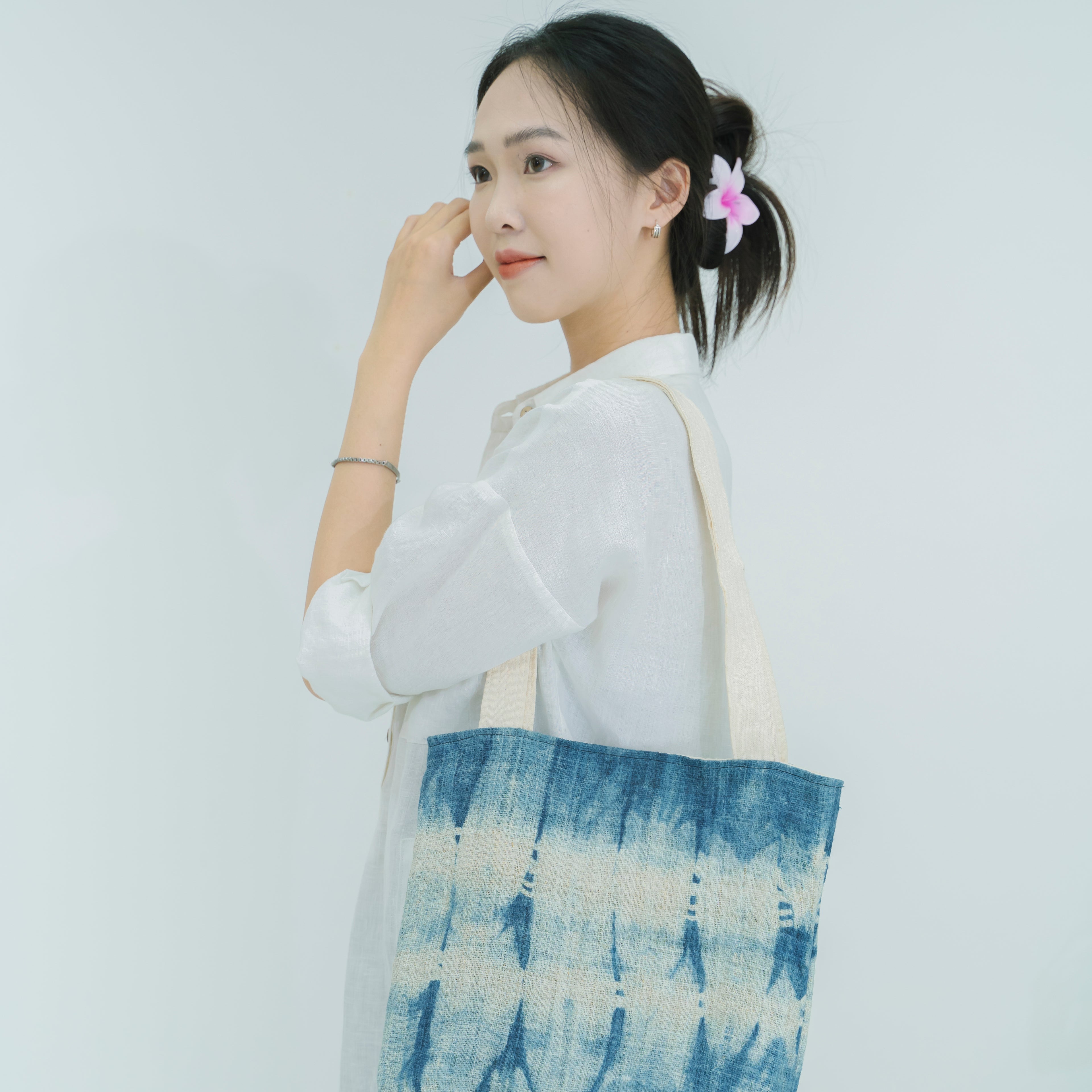 Hmong Mountain Peak Tote Bag - Hand-Dyed Indigo Brocade - One-of-a-Kind Hill Tribe Artisan Shoulder Bag