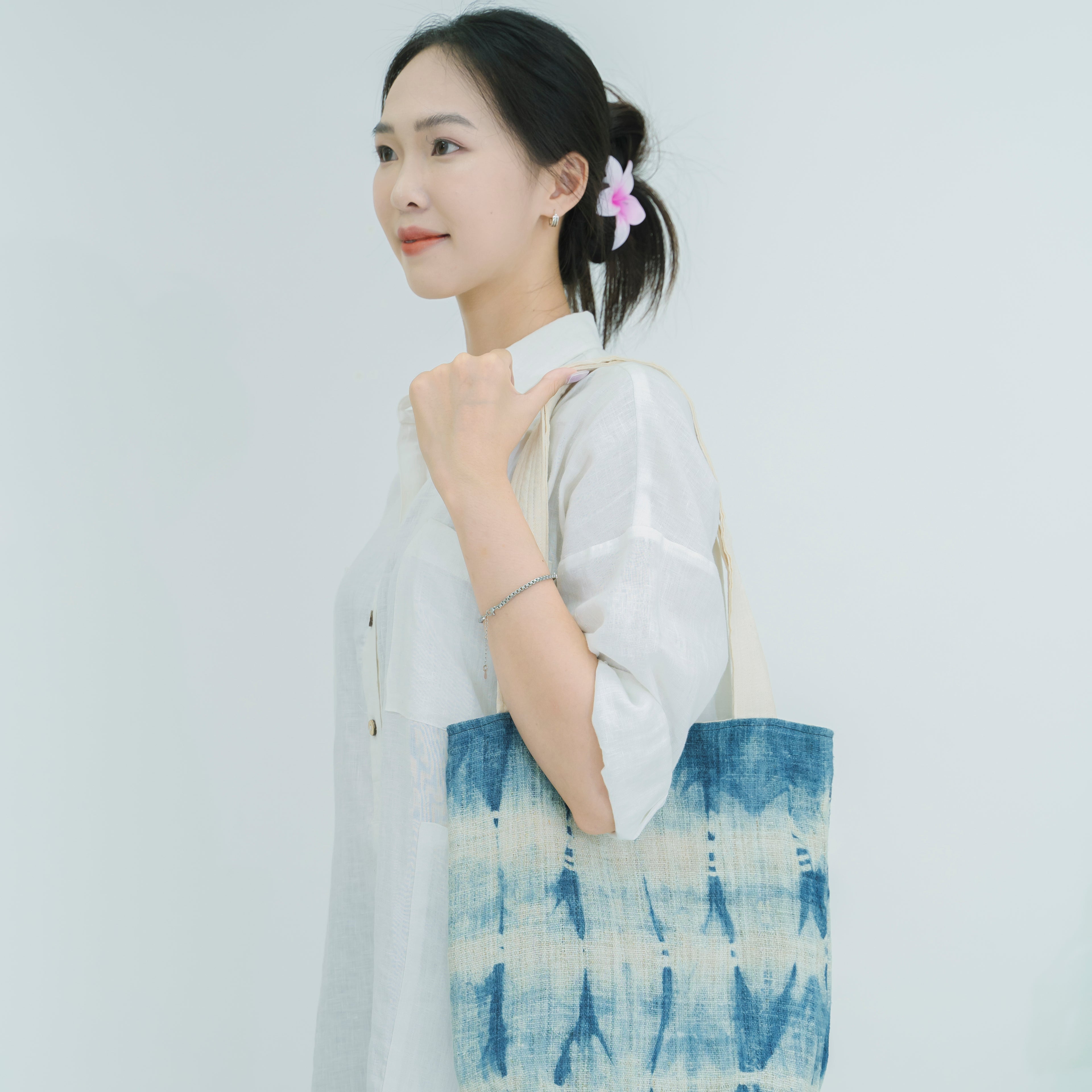 Hmong Mountain Peak Tote Bag - Hand-Dyed Indigo Brocade - One-of-a-Kind Hill Tribe Artisan Shoulder Bag