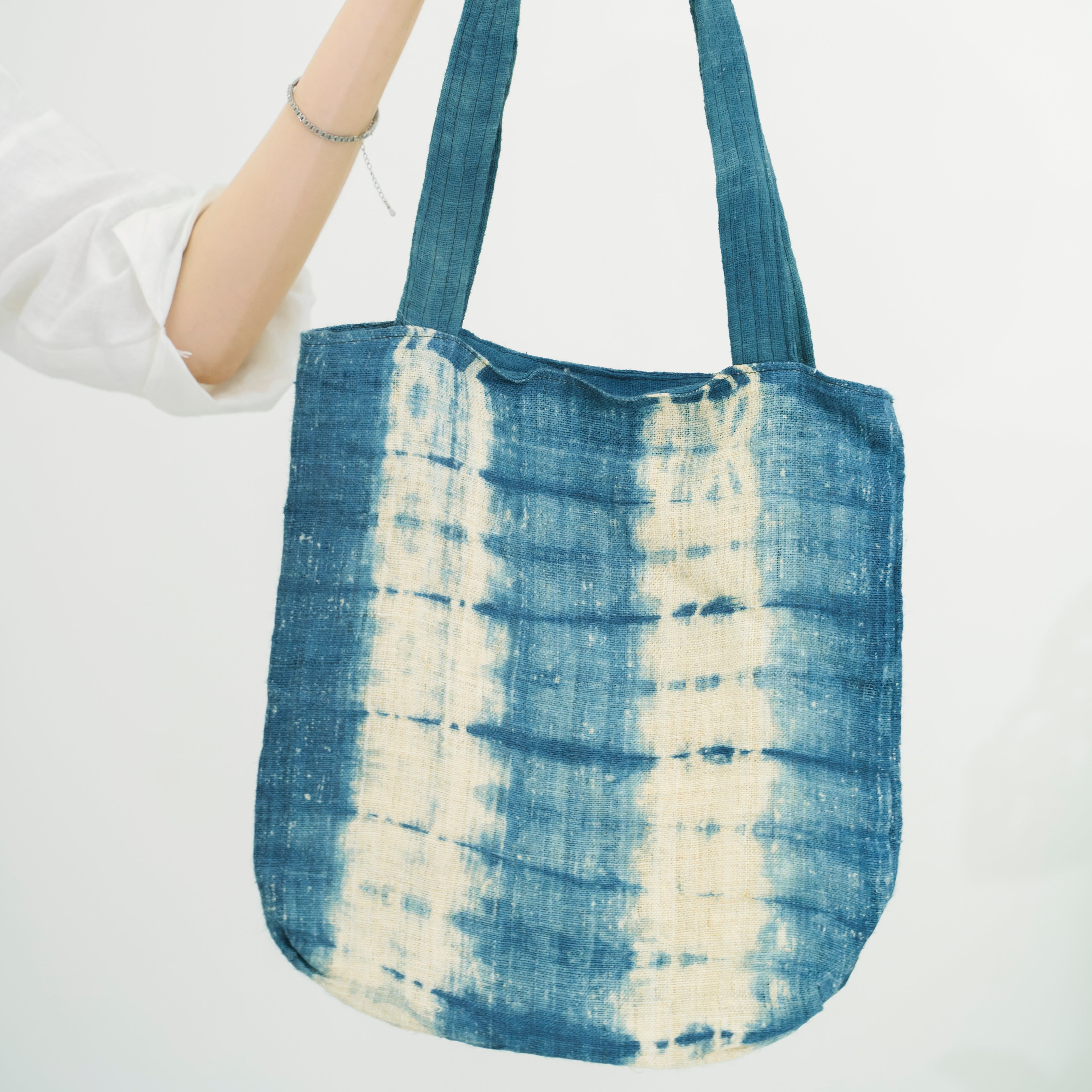 Hmong Step Pattern Tote Bag - Hand-Dyed Indigo Brocade - Traditional Staircase Motif Hill Tribe Artisan Bag