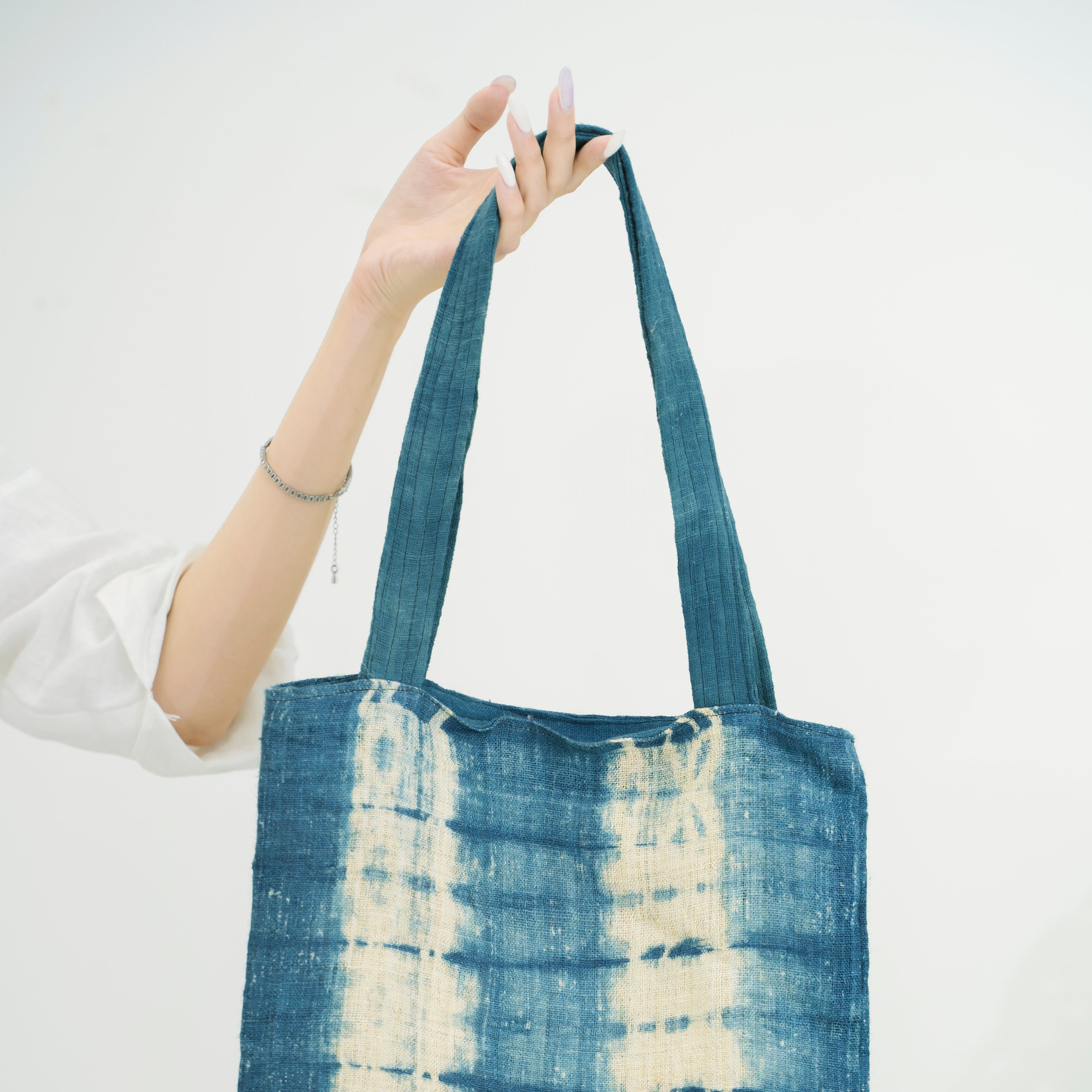Hmong Step Pattern Tote Bag - Hand-Dyed Indigo Brocade - Traditional Staircase Motif Hill Tribe Artisan Bag