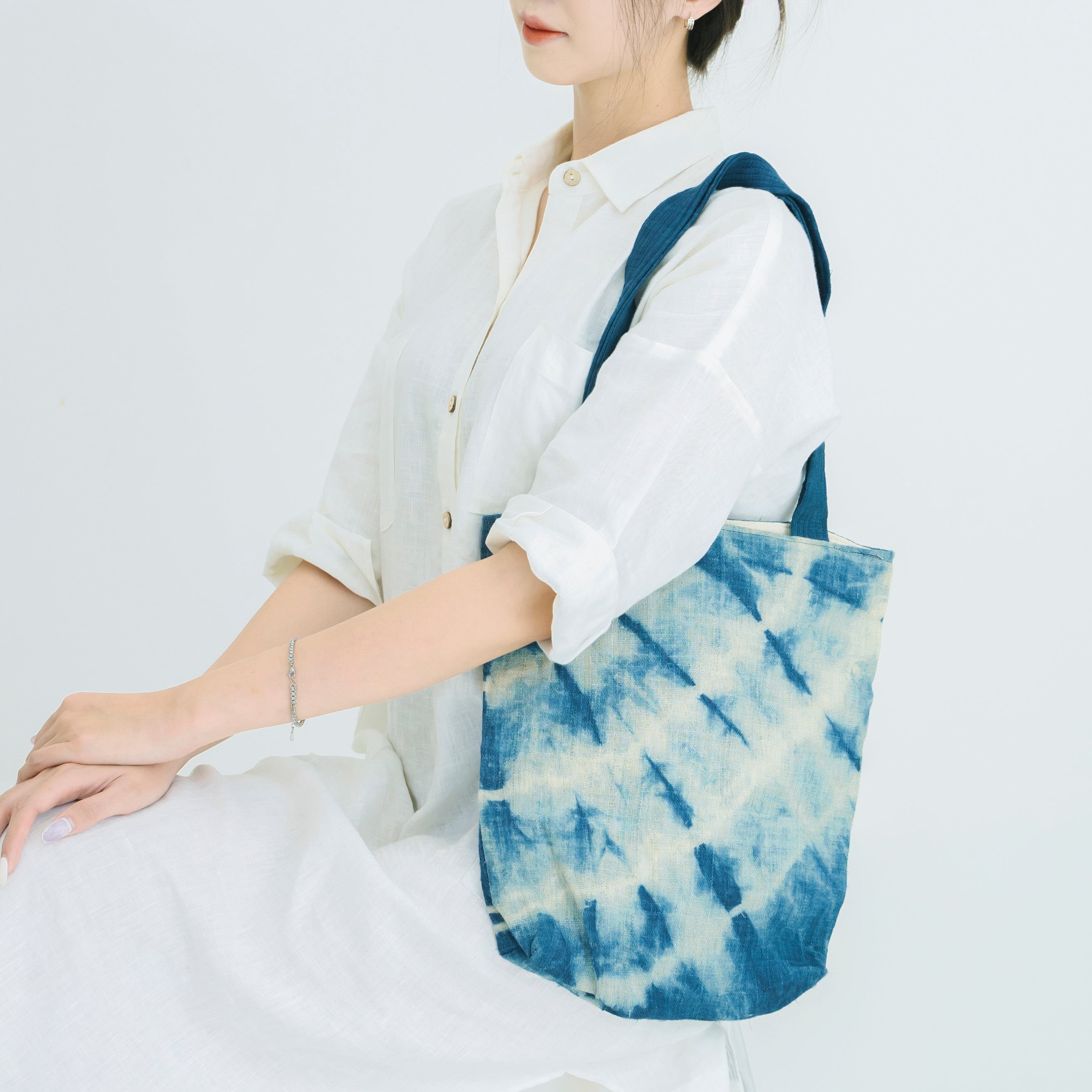 Hmong Indigo Stripe Tote Bag - Hand-Dyed Flow Pattern Brocade - Traditional Hill Tribe Artisan Shoulder Bag