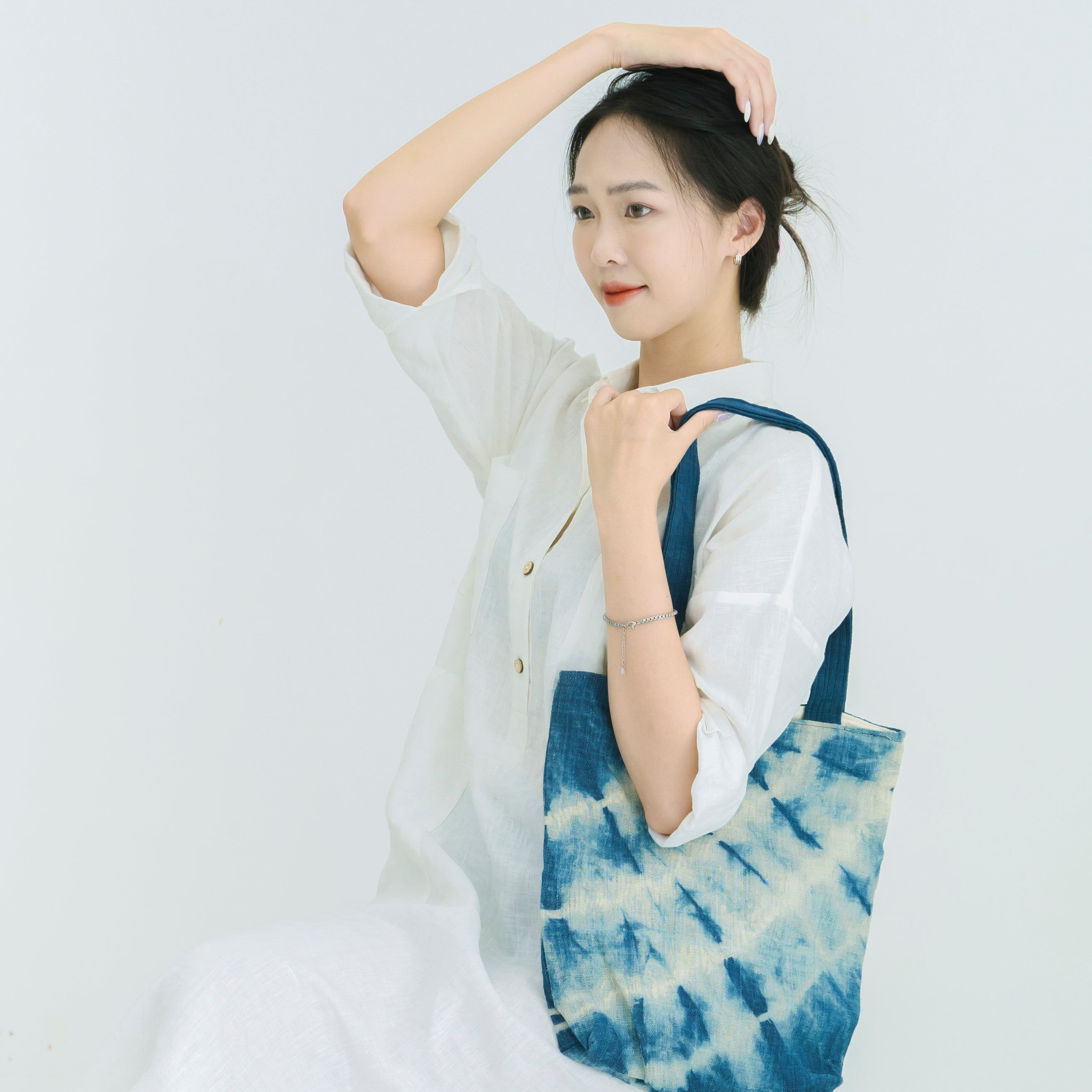 Hmong Indigo Stripe Tote Bag - Hand-Dyed Flow Pattern Brocade - Traditional Hill Tribe Artisan Shoulder Bag